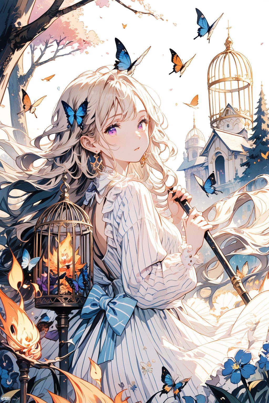 1girl, solo, long hair, looking at viewer, bangs, blue eyes, long sleeves, dress, bow, holding, jewelry, purple eyes, flower, earrings, striped, blunt bangs, tree, heterochromia, wavy hair, bug, fire, staff, butterfly, blue butterfly, cage, birdcage