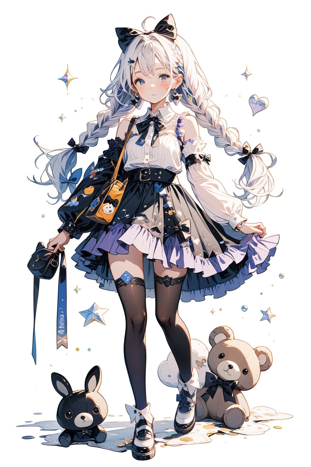 1girl, solo, long hair, looking at viewer, blush, bangs, blue eyes, skirt, hair ornament, thighhighs, dress, bow, twintails, jewelry, standing, full body, braid, white hair, hair bow, earrings, detached sleeves, food, shoes, socks, bag, twin braids, bracelet, english text, black bow, stuffed toy, stuffed animal, bandaid, asymmetrical legwear, purple skirt, bandaid on leg