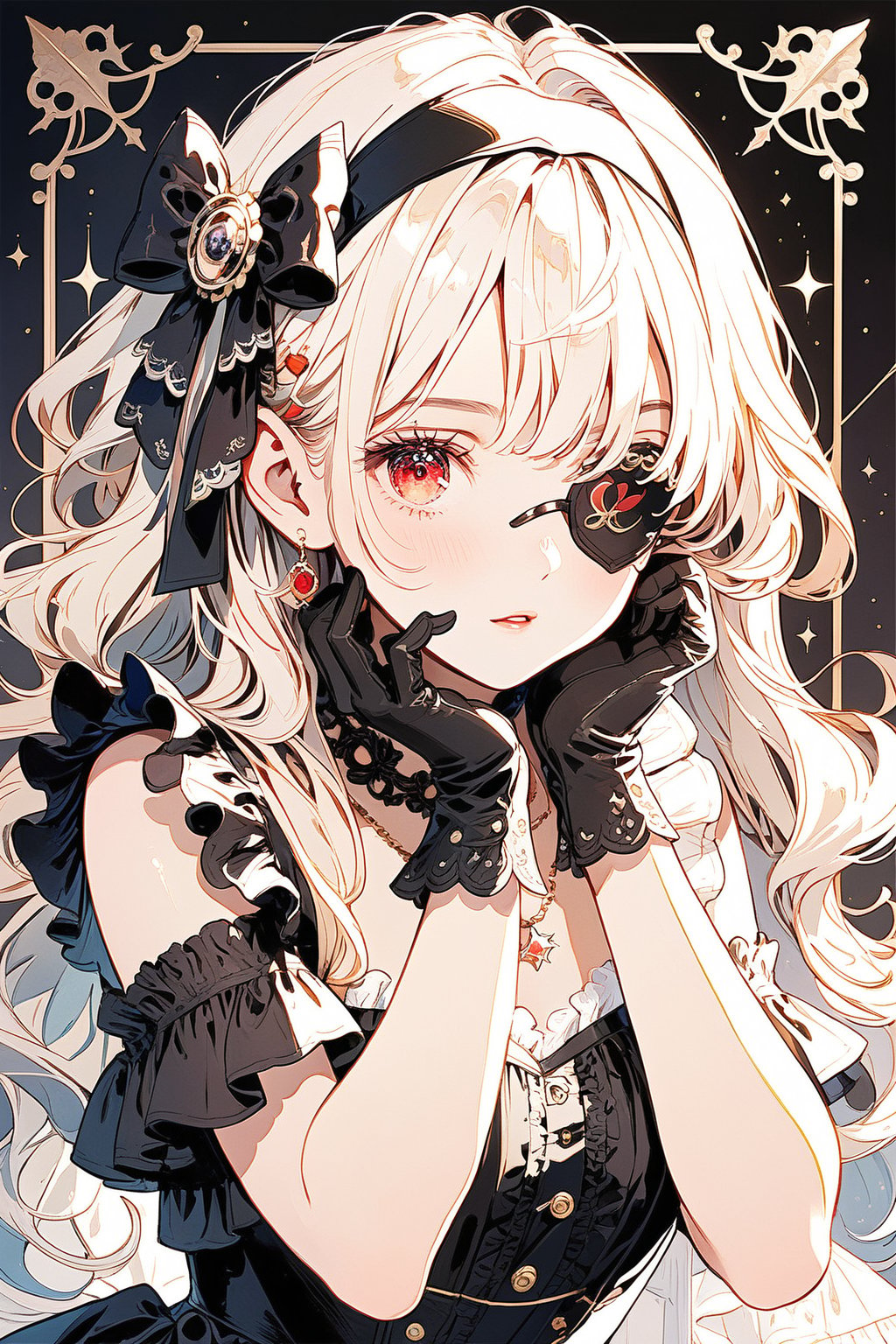 1girl, solo, long hair, looking at viewer, bangs, hair ornament, red eyes, gloves, dress, bow, ribbon, jewelry, upper body, short sleeves, red hair, hairband, frills, choker, black gloves, necklace, black dress, eyepatch, hand on own face, lolita fashion, hand on own cheek, sample watermark, frilled choker