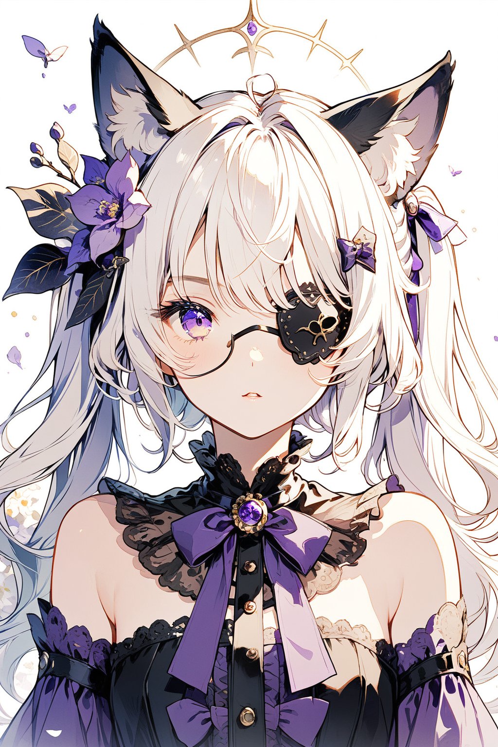 1girl, solo, long hair, looking at viewer, hair ornament, bow, animal ears, twintails, purple eyes, upper body, flower, white hair, eyepatch