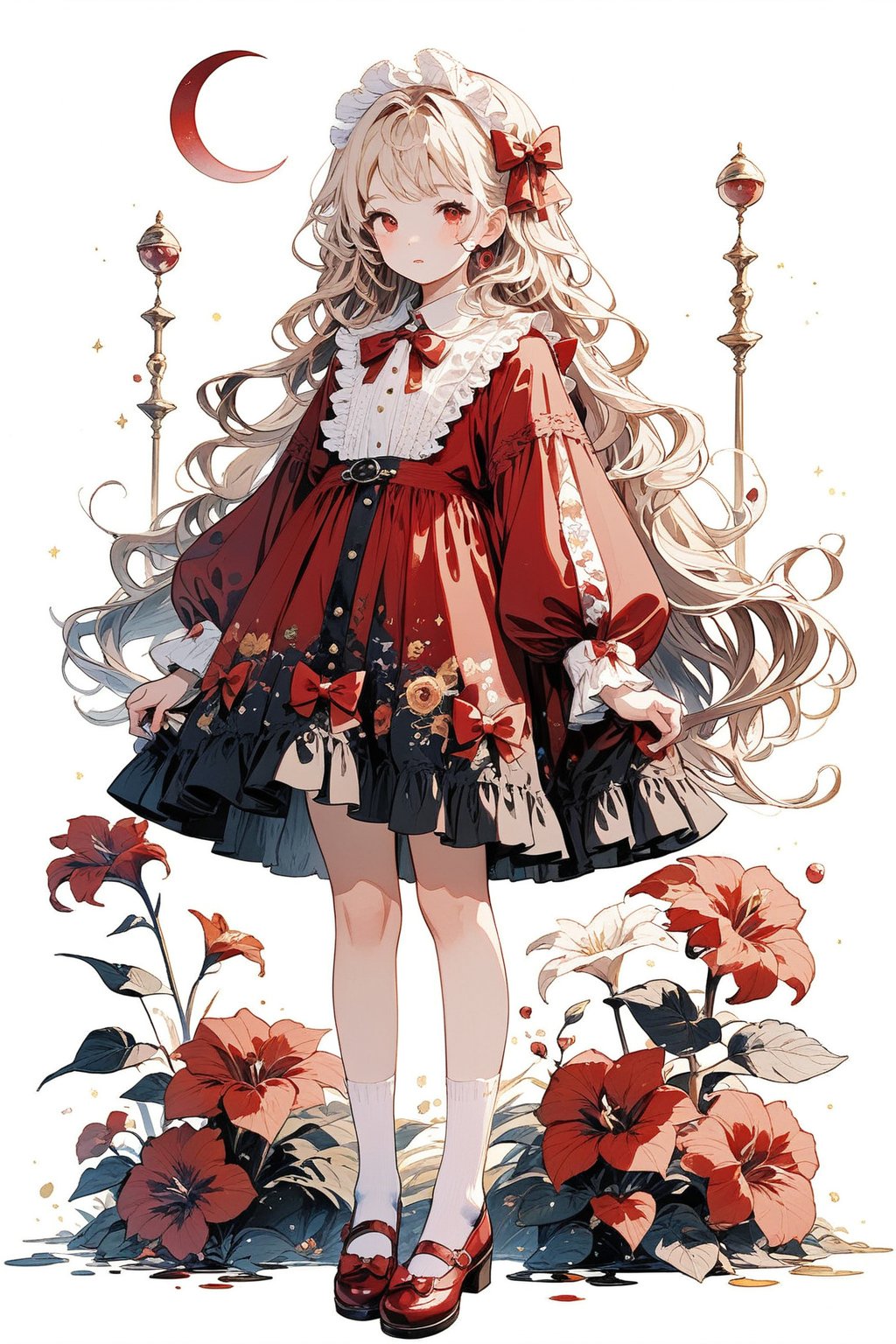 1girl, solo, long hair, looking at viewer, bangs, blonde hair, hair ornament, red eyes, long sleeves, dress, bow, ribbon, very long hair, standing, full body, hair bow, frills, shoes, socks, puffy sleeves, red bow, wavy hair, facial mark, red dress, frilled dress, white socks, crescent, gem, red footwear, lolita fashion