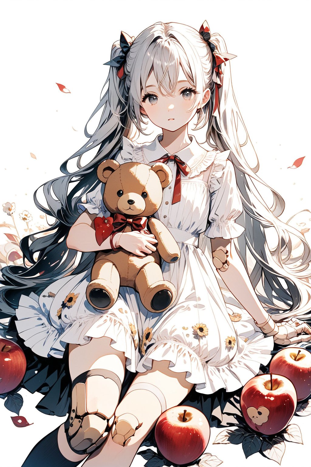 1girl, solo, long hair, looking at viewer, simple background, hair ornament, white background, dress, bow, ribbon, holding, twintails, full body, flower, grey hair, frills, food, socks, white dress, grey eyes, fruit, stuffed toy, stuffed animal, asymmetrical legwear, teddy bear, apple, joints, doll joints