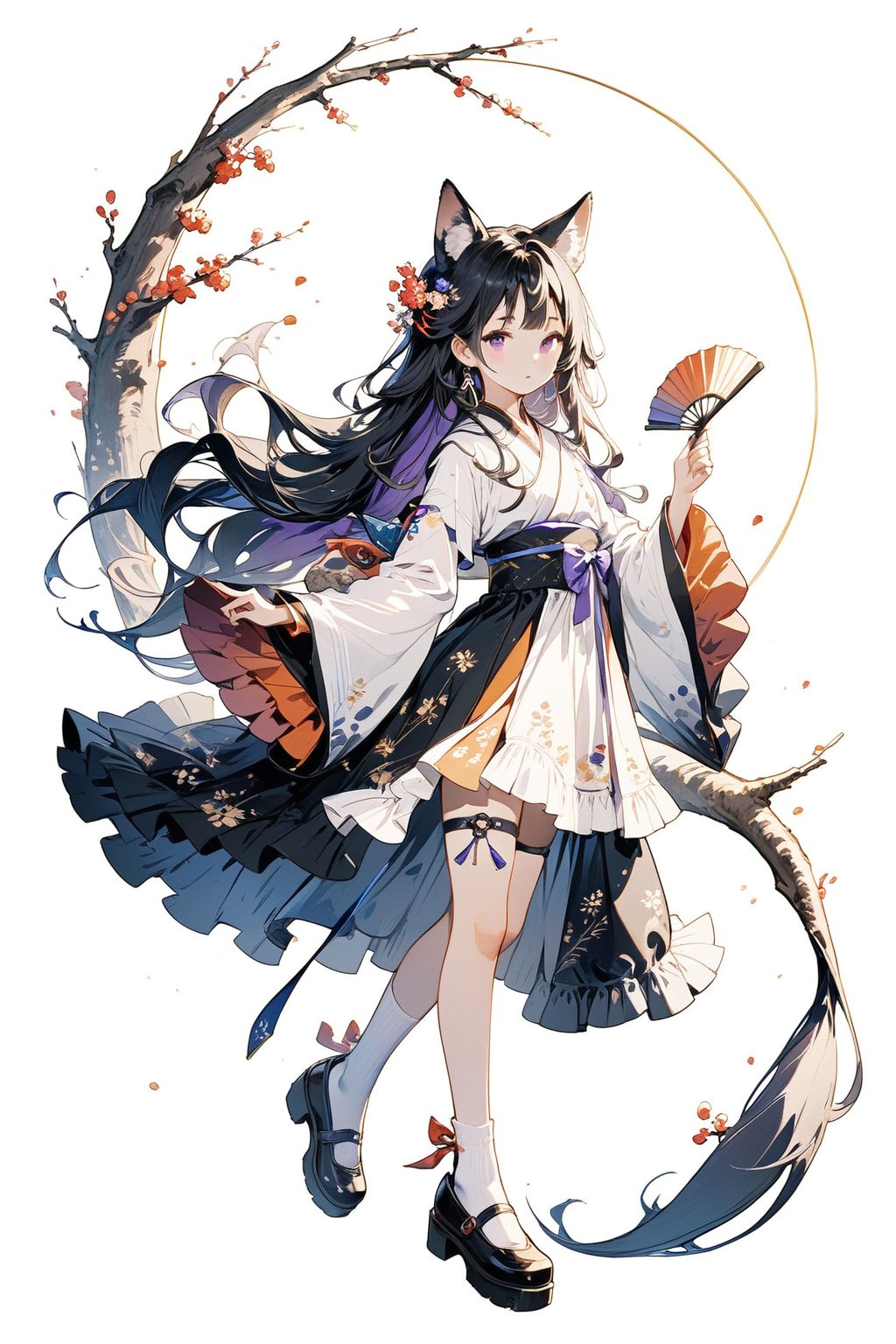 1girl, solo, long hair, looking at viewer, bangs, simple background, black hair, long sleeves, white background, dress, holding, animal ears, very long hair, purple eyes, tail, full body, shoes, socks, wide sleeves, black footwear, kneehighs, thigh strap, white socks, hand fan, branch, holding fan