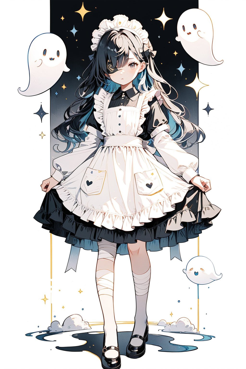 1girl, solo, long hair, looking at viewer, bangs, black hair, hair ornament, long sleeves, dress, bow, standing, full body, white hair, multicolored hair, frills, apron, english text, sleeves past wrists, grey eyes, maid headdress, bandages, frilled dress, white apron, sleeves past fingers, ghost, bandaged leg, bandage over one eye