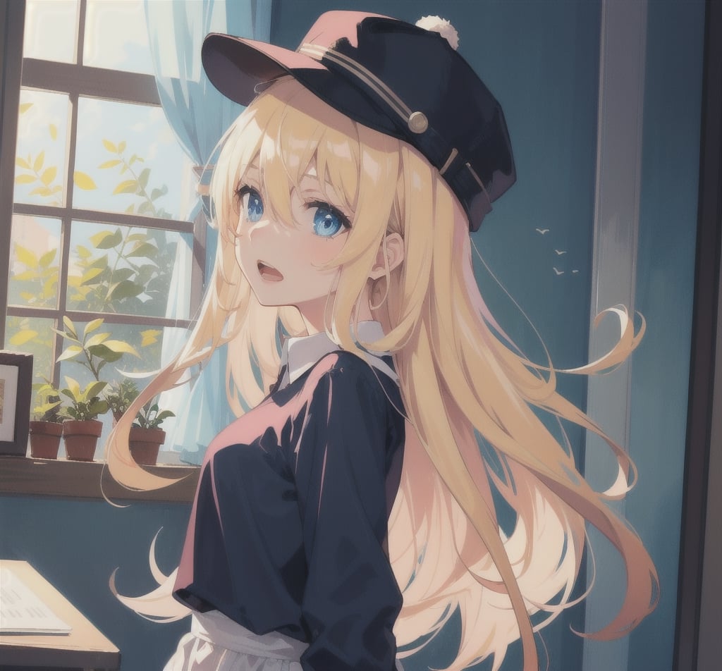 1girl, solo, long hair, open mouth, bangs, blue eyes, blonde hair, hat, hair between eyes, upper body, indoors, looking to the side, window