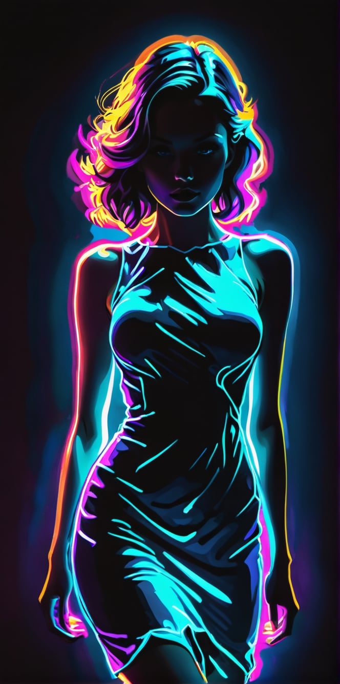 Silhouette of woman , neon light dress illuminates her body in shadow, in the style of coloring book comic, upper body covered in dark shadows, full body, raw hand drawn style, cinematic, photo,(best quality