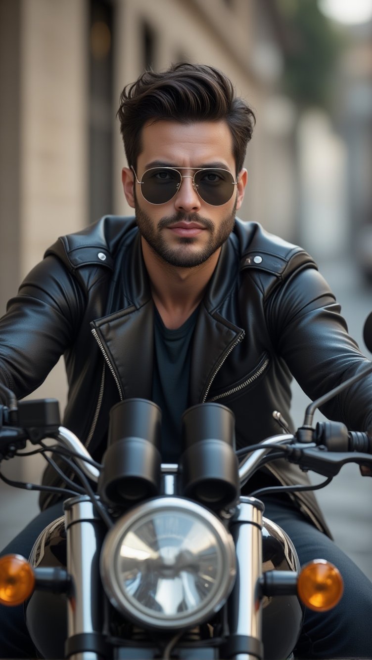 Handsome dark-haired man, no beard, wears Rayban Aviator Sunglasses, Riding a heavy BMW motorcycle, (eyes to camera, looking at viewer),