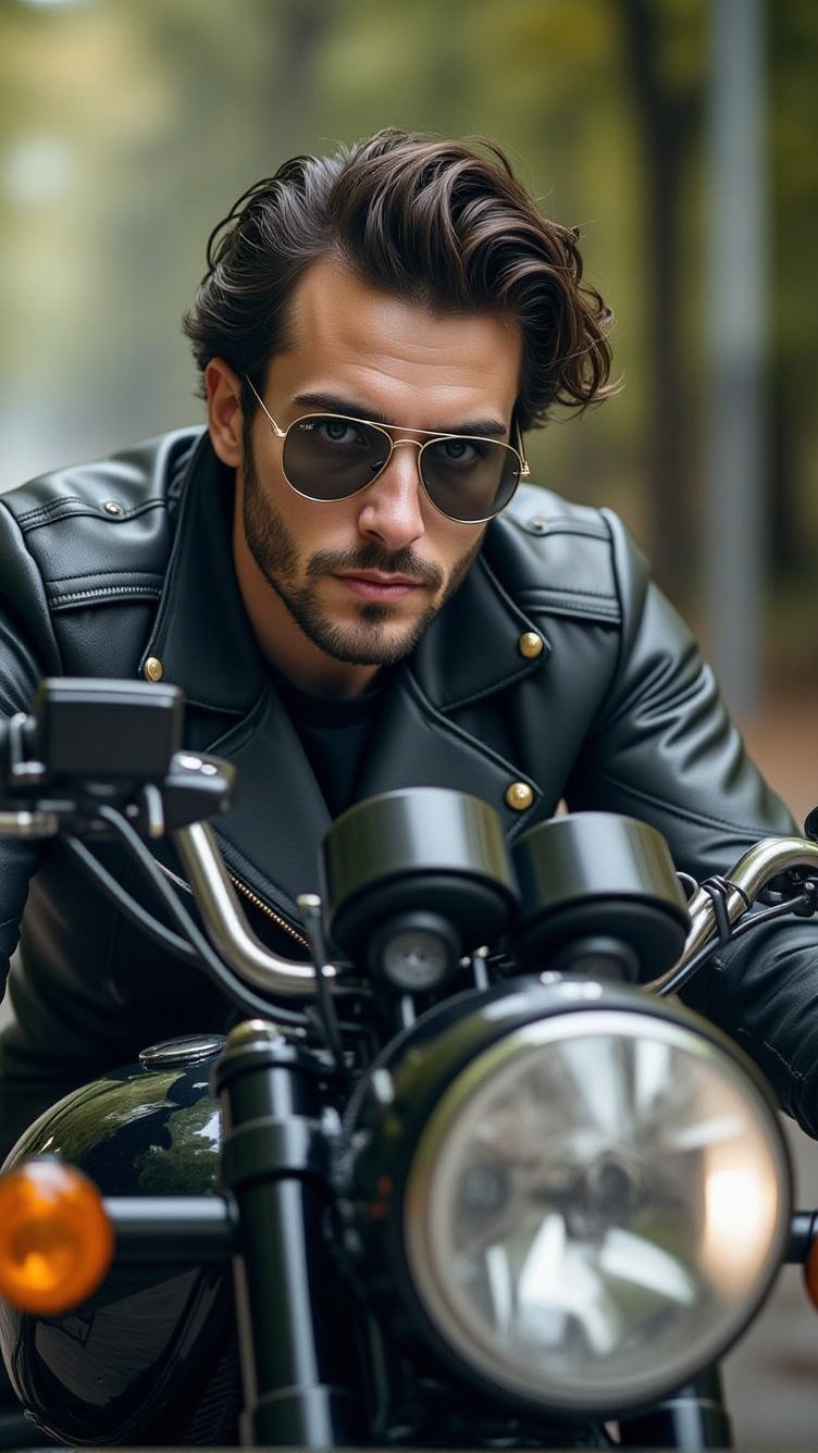 Handsome dark-haired man, wears Rayban Aviator Sunglasses, Riding a (BMW heavy motorcycle), (eyes to camera, looking at viewer), (Medium shot)