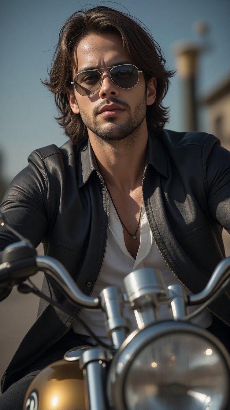 Handsome dark-haired man, wears Rayban Aviator Sunglasses, Riding a heavy BMW motorcycle, (eyes to camera, looking at viewer), (Medium shot)