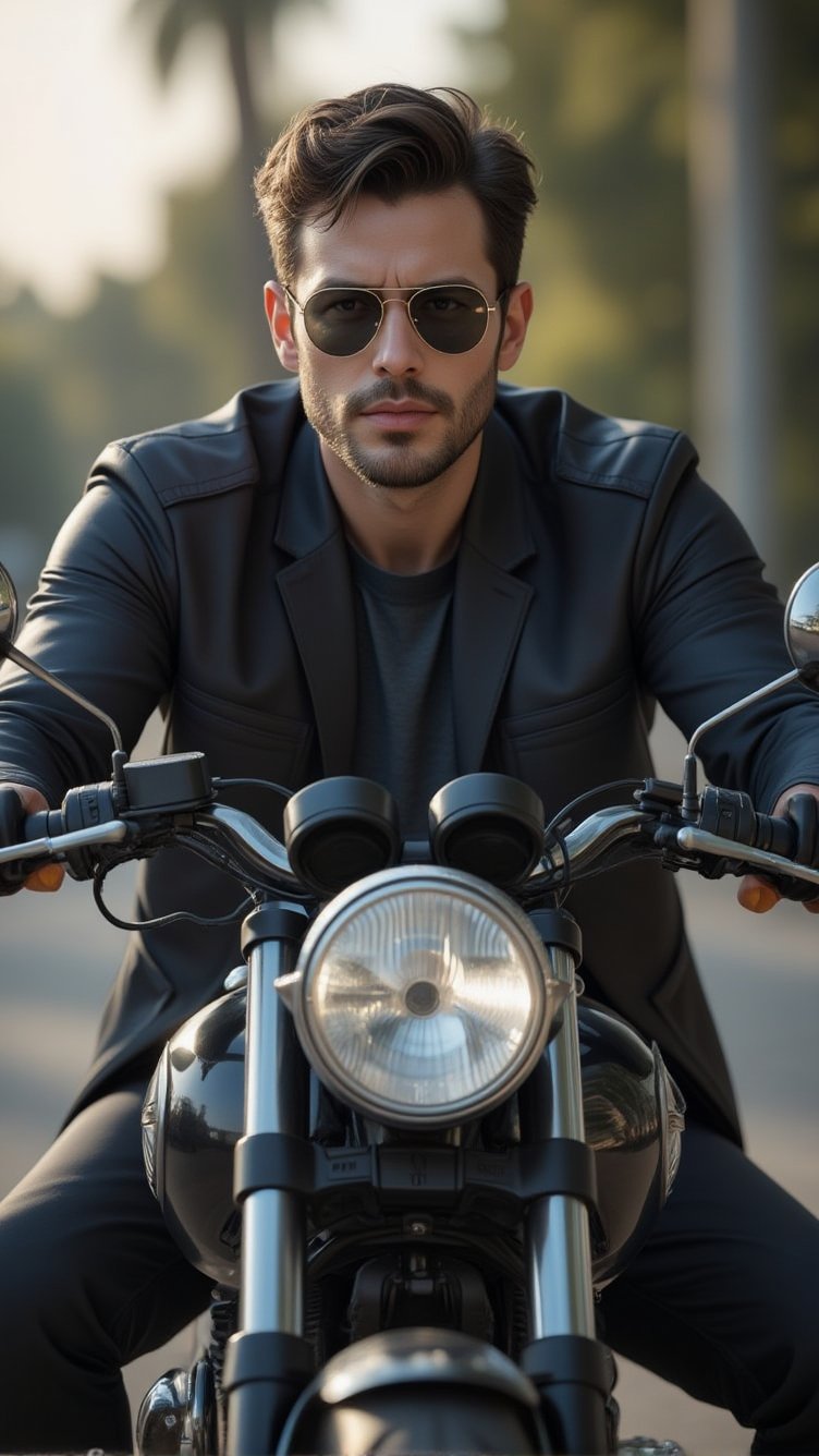 Handsome dark-haired man, (facial cleaning, no beard), wears Rayban Aviator Sunglasses, Riding a heavy BMW motorcycle, (eyes to camera, looking at viewer),