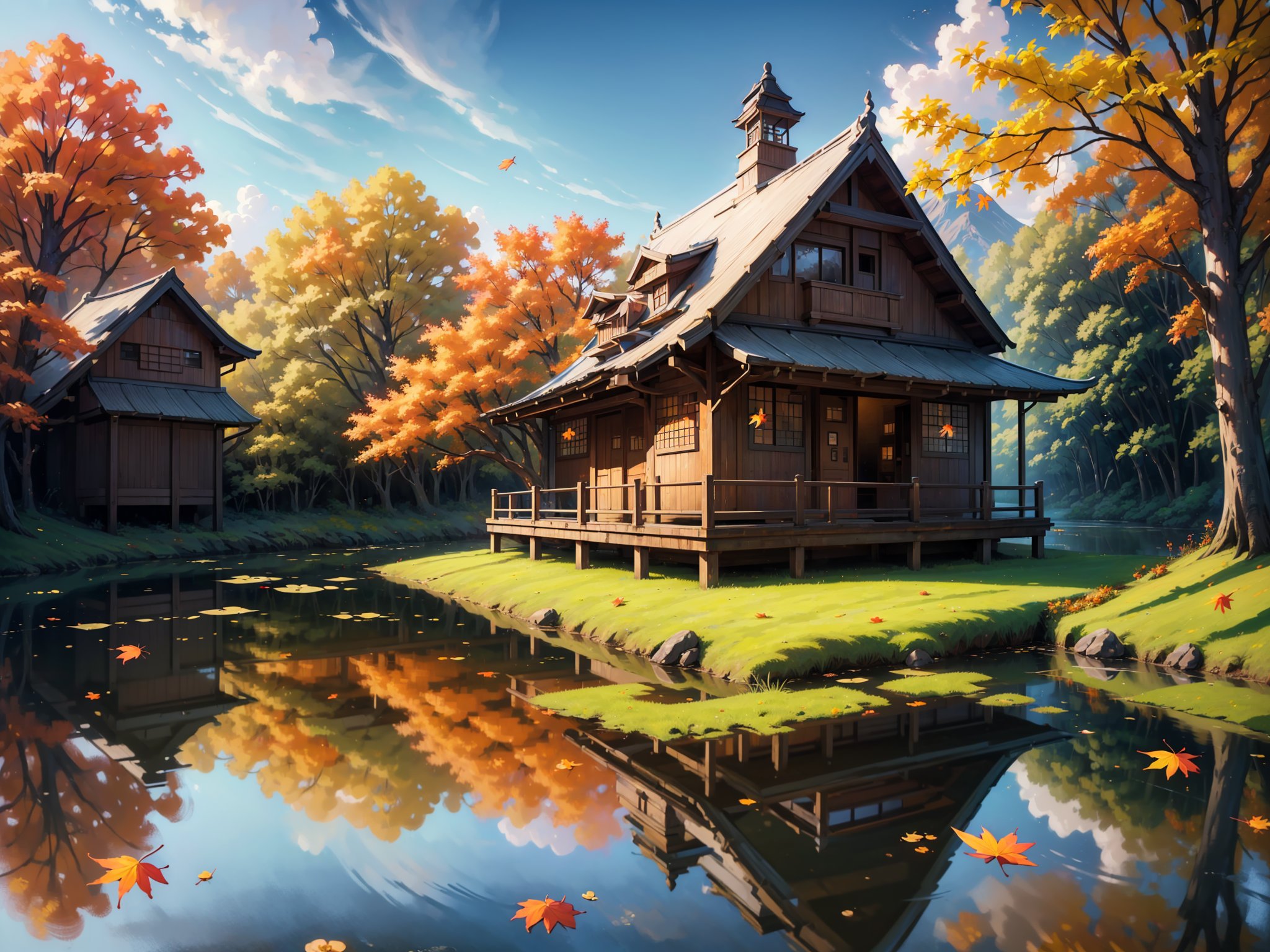 (digital oil painting:1.5), masterpiece, (HDR, crisp:1.5), ((wooden house)), flower, outdoors, sky, water, (autumn trees), window, (windy), grass, plant, building, (falling leaves), nature, (scenery), forest, (reflection), lantern, mountain, bush, (fallen leaves), architecture, east asian architecture, (pond), (autumn leaves), ((autumn)) 1girl, center, scaled -0.5x, chiaroscuro, serene, vibrant, super sharp, intricate, smooth, best quality, ultra hires, UHD, 64K, by Disney.