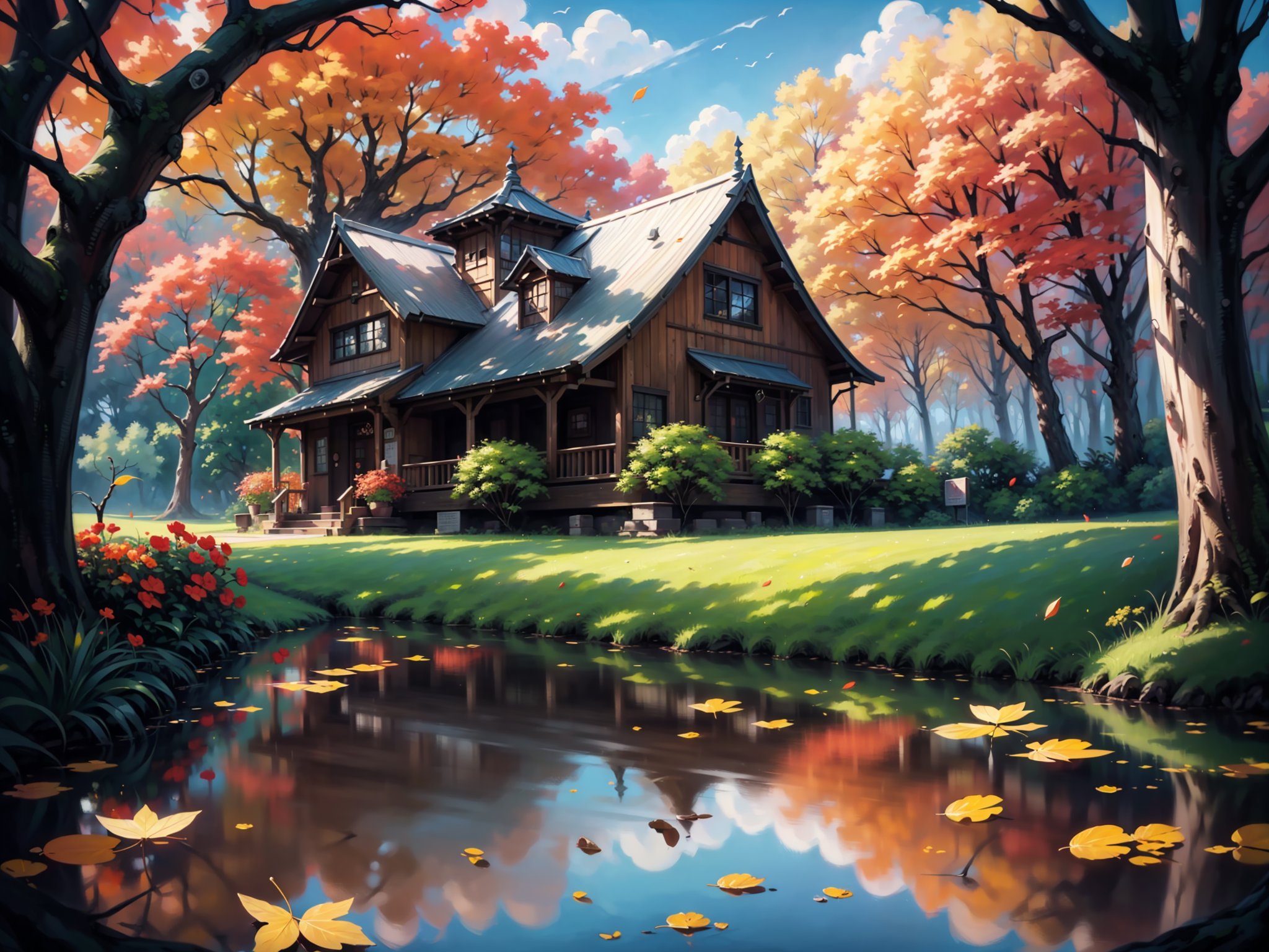 (digital oil painting:1.5), masterpiece, (HDR, crisp:1.5), ((wooden house)), flower, outdoors, sky, water, (autumn trees), window, (windy), grass, plant, building, (falling leaves), nature, (scenery), forest, (reflection), lantern, mountain, bush, (fallen leaves), architecture, east asian architecture, (pond), (autumn leaves), ((autumn)) 1girl, center, scaled -0.5x, chiaroscuro, serene, vibrant, super sharp, intricate, smooth, best quality, ultra hires, UHD, 64K, by Disney.