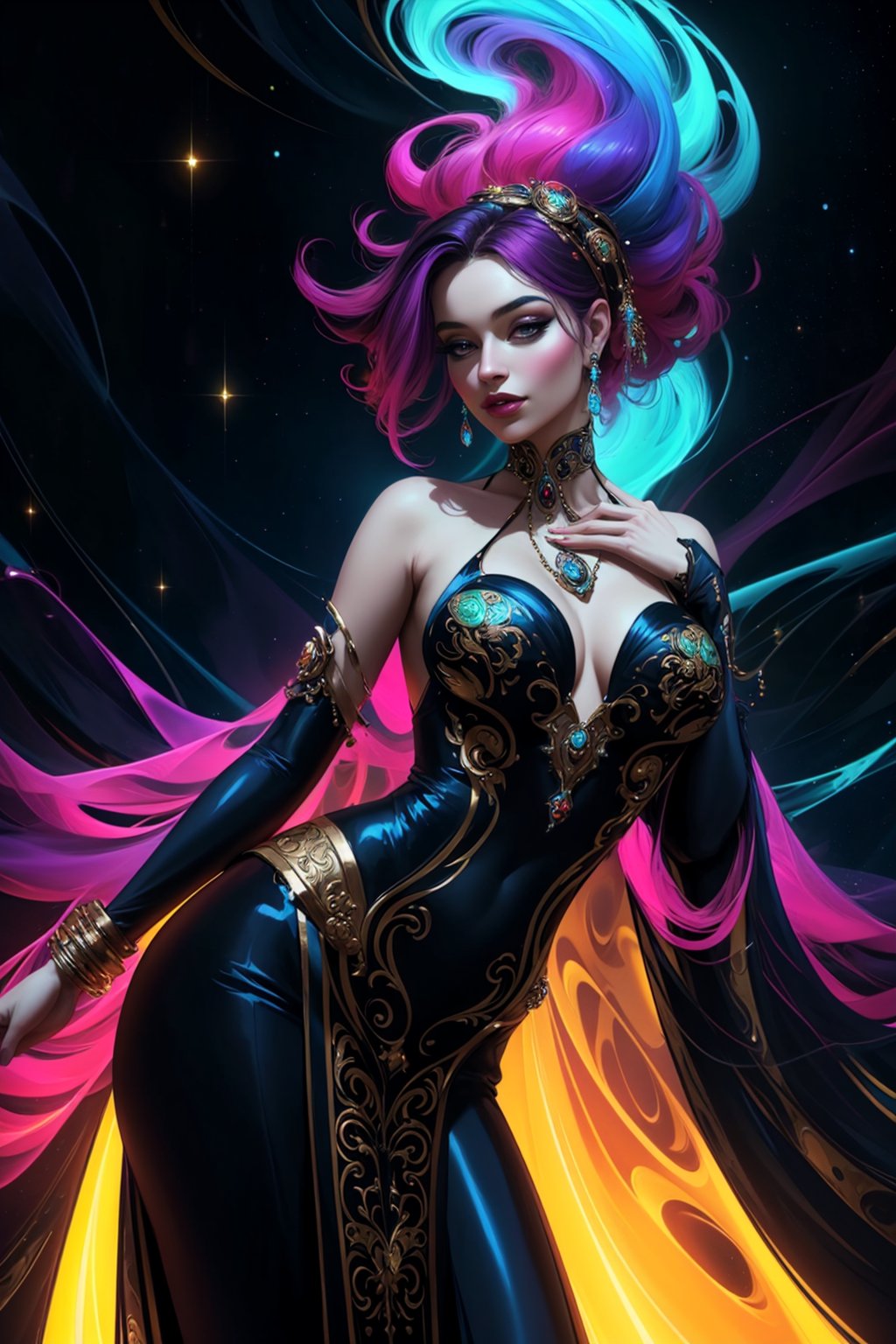 In the midst of a neon-noir galactic festival, a regal figure in flowing robes stands with an aura of mystery and power. This captivating image is a vividly detailed oil painting reminiscent of Alberto Seveso, capturing the essence of opulence and otherworldly elegance. The vibrant colors swirl together in a mesmerizing display, highlighting the intricate details of the figure's ornate jewelry and shimmering attire. Each brushstroke exudes a sense of depth and richness, inviting viewers to immerse themselves in the enchanting world depicted on the canvas.