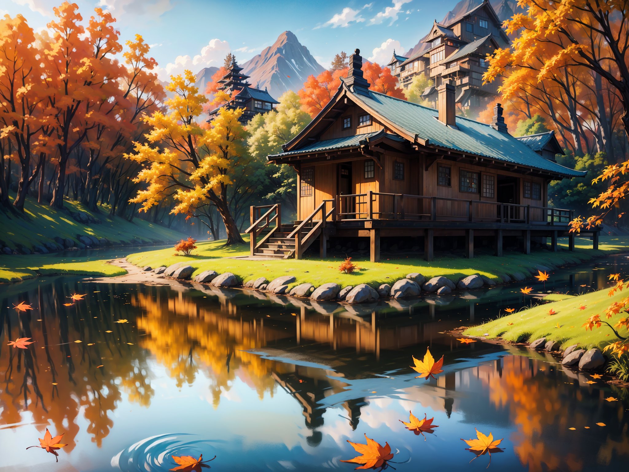 (digital oil painting:1.5), masterpiece, (HDR, crisp:1.5), ((wooden house)), flower, outdoors, sky, water, (autumn trees), window, (windy), grass, plant, building, (falling leaves), nature, (scenery), forest, (reflection), lantern, mountain, bush, (fallen leaves), architecture, east asian architecture, (pond), (autumn leaves), ((autumn)) 1girl, center, scaled -0.5x, chiaroscuro, serene, vibrant, super sharp, intricate, smooth, best quality, ultra hires, UHD, 64K, by Disney.