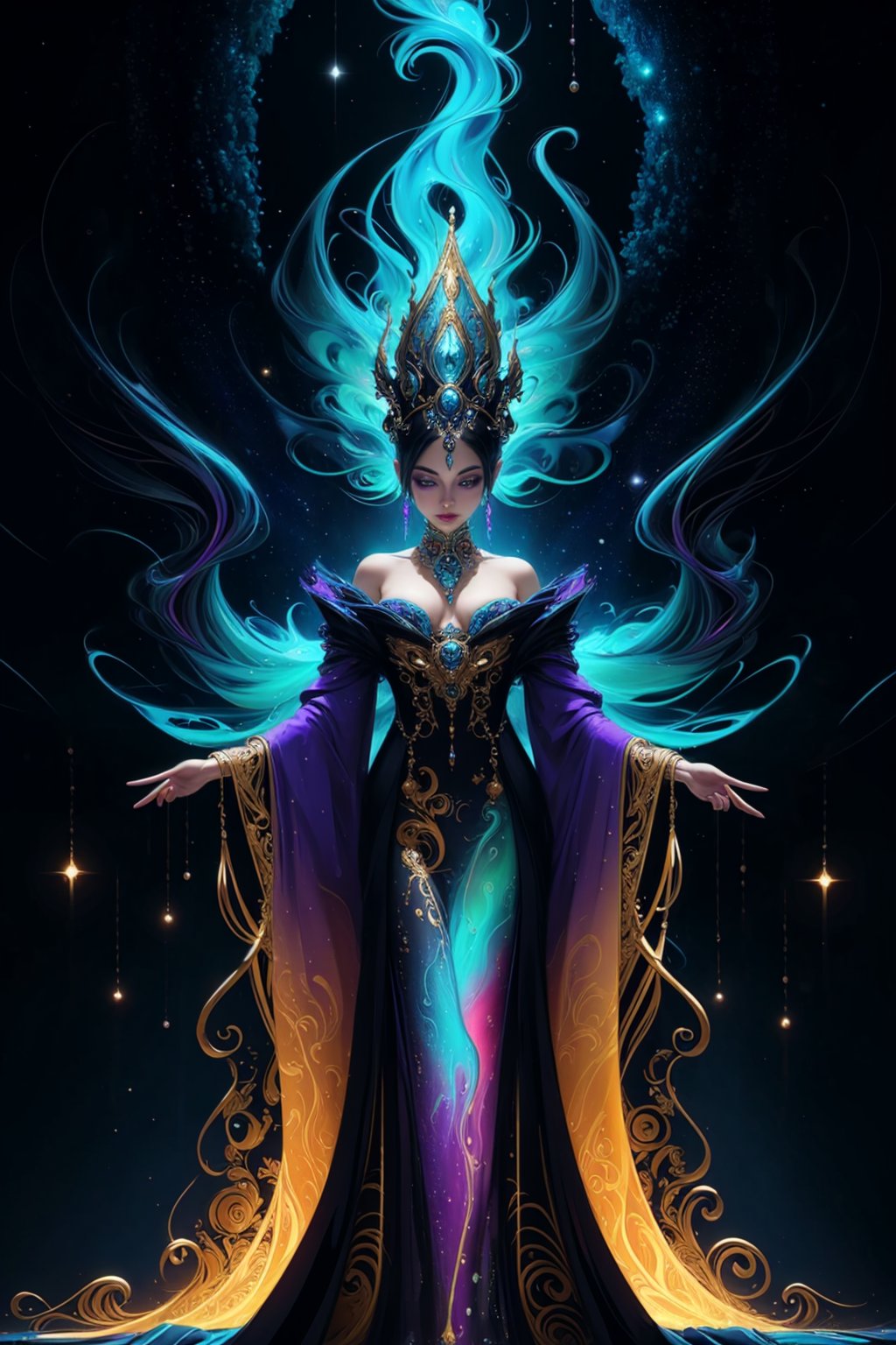 In the midst of a neon-noir galactic festival, a regal figure in flowing robes stands with an aura of mystery and power. This captivating image is a vividly detailed oil painting reminiscent of Alberto Seveso, capturing the essence of opulence and otherworldly elegance. The vibrant colors swirl together in a mesmerizing display, highlighting the intricate details of the figure's ornate jewelry and shimmering attire. Each brushstroke exudes a sense of depth and richness, inviting viewers to immerse themselves in the enchanting world depicted on the canvas.