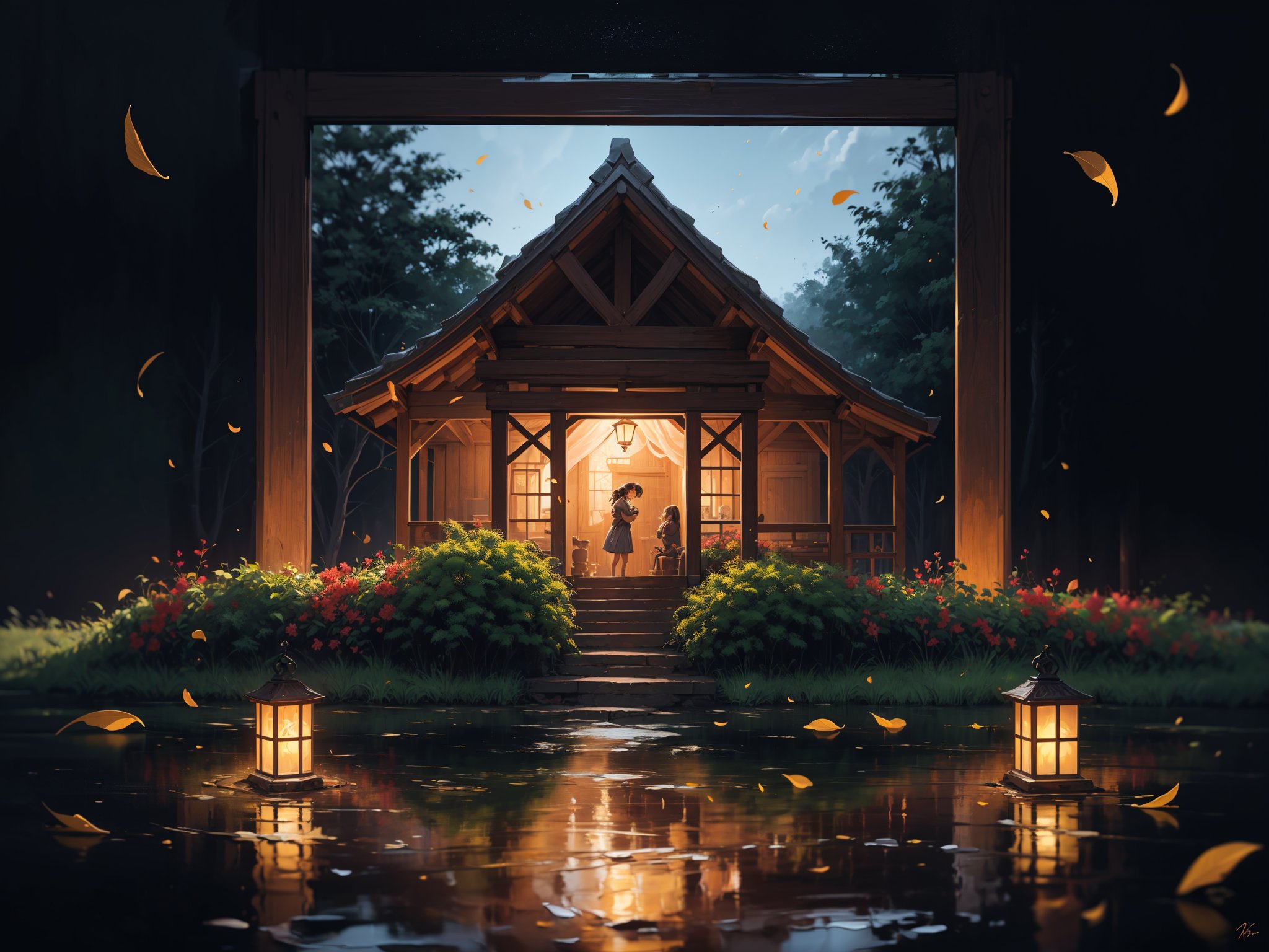 (digital oil painting:1.5), masterpiece, (HDR, crisp:1.5), ((wooden house)), flower, outdoors, sky, water, (autumn trees), window, (windy), grass, plant, building, (falling leaves), nature, (scenery), forest, (reflection), lantern, mountain, bush, (fallen leaves), architecture, east asian architecture, (pond), (autumn leaves), ((autumn)) 1girl, center, scaled -0.5x, chiaroscuro, serene, vibrant, super sharp, intricate, smooth, best quality, ultra hires, UHD, 64K, by Pixar.