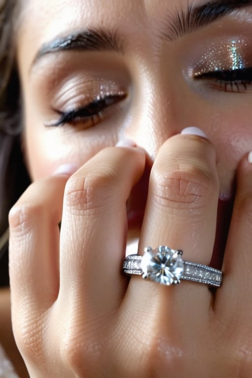 A woman is crying uncontrollably, tears streaming down her face. An returned engagement ring sits on the table, adding to the sadness. The scene at home has a wide-angle view, emphasizing the heavy atmosphere. Such moments can truly be challenging. ultrahd 8k4k3d "Wide-angle shot of a men's wedding band" "Wide-angle shot of a men's wedding band" 