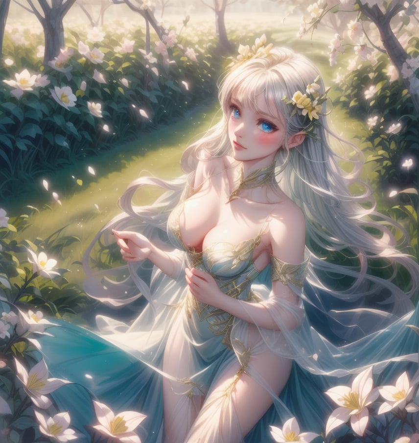 Create a high-definition, stunning fairy with the most beautiful, bright fairy wings wide open as she hovers above the ground. She is surrounded by a field of the most beautiful bright yellow flowers bathed in sunlight. She wears a fairy dress made of gold with essences of silver. 