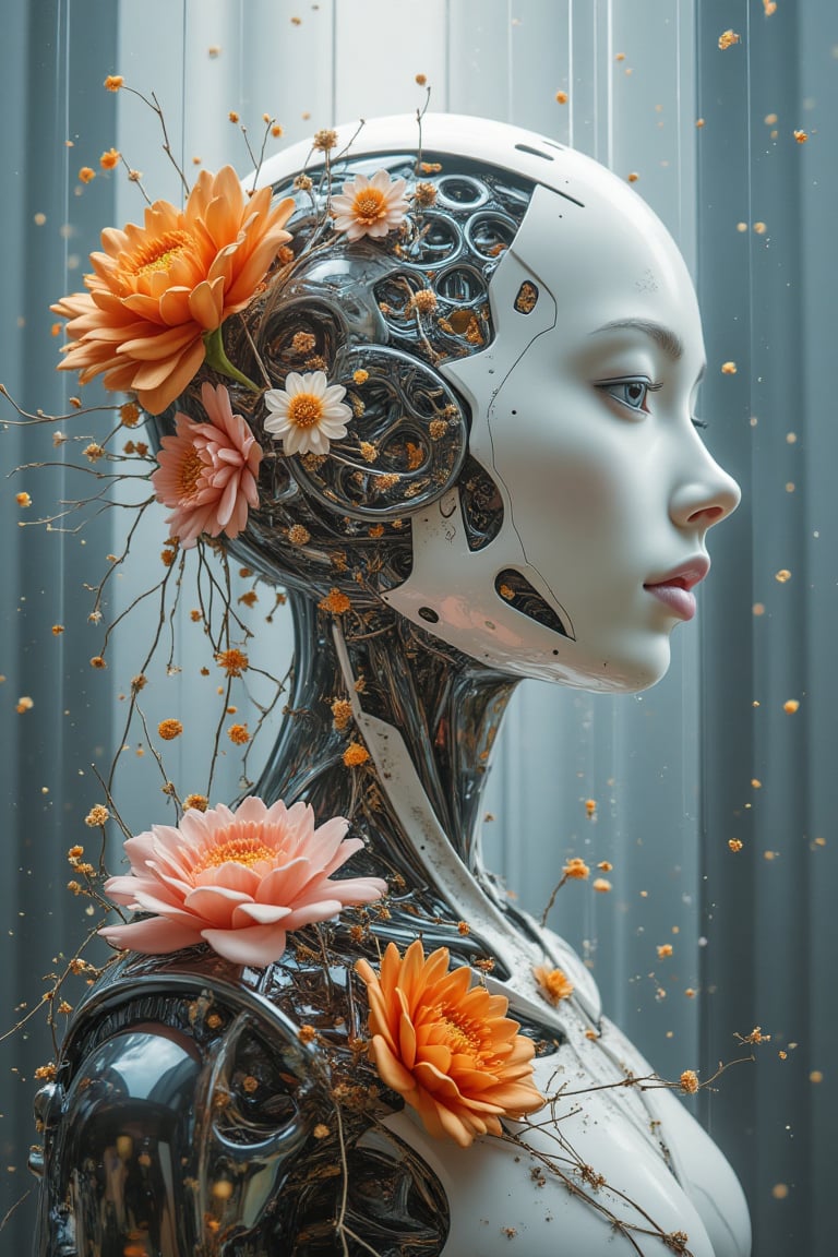 cyborg, robot, futeristic, light, beauty, flowers, glass