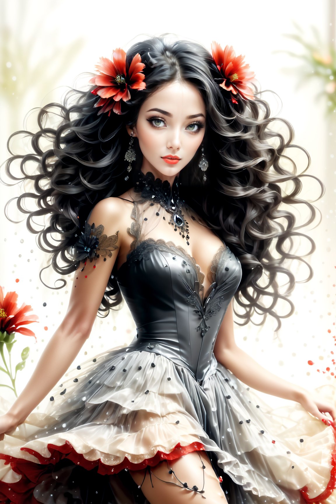 Abstract Spanish dancing woman, beautiful young woman, long black curly hair, big black eyes, long black eyelashes, black eyeliner, big red lips, , a big red flower in the corner of her hair, drops of color splashed on the dress  He is wearing a formal Spanish dance, dynamic and moving.