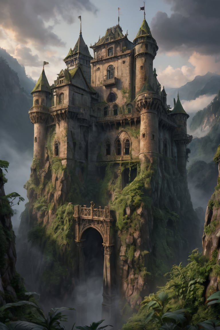 (Masterpiece), highest quality, 8k, HD, fantasy, green jungle, thick fog, mystery, lush green, gloomy, old castle architecture,