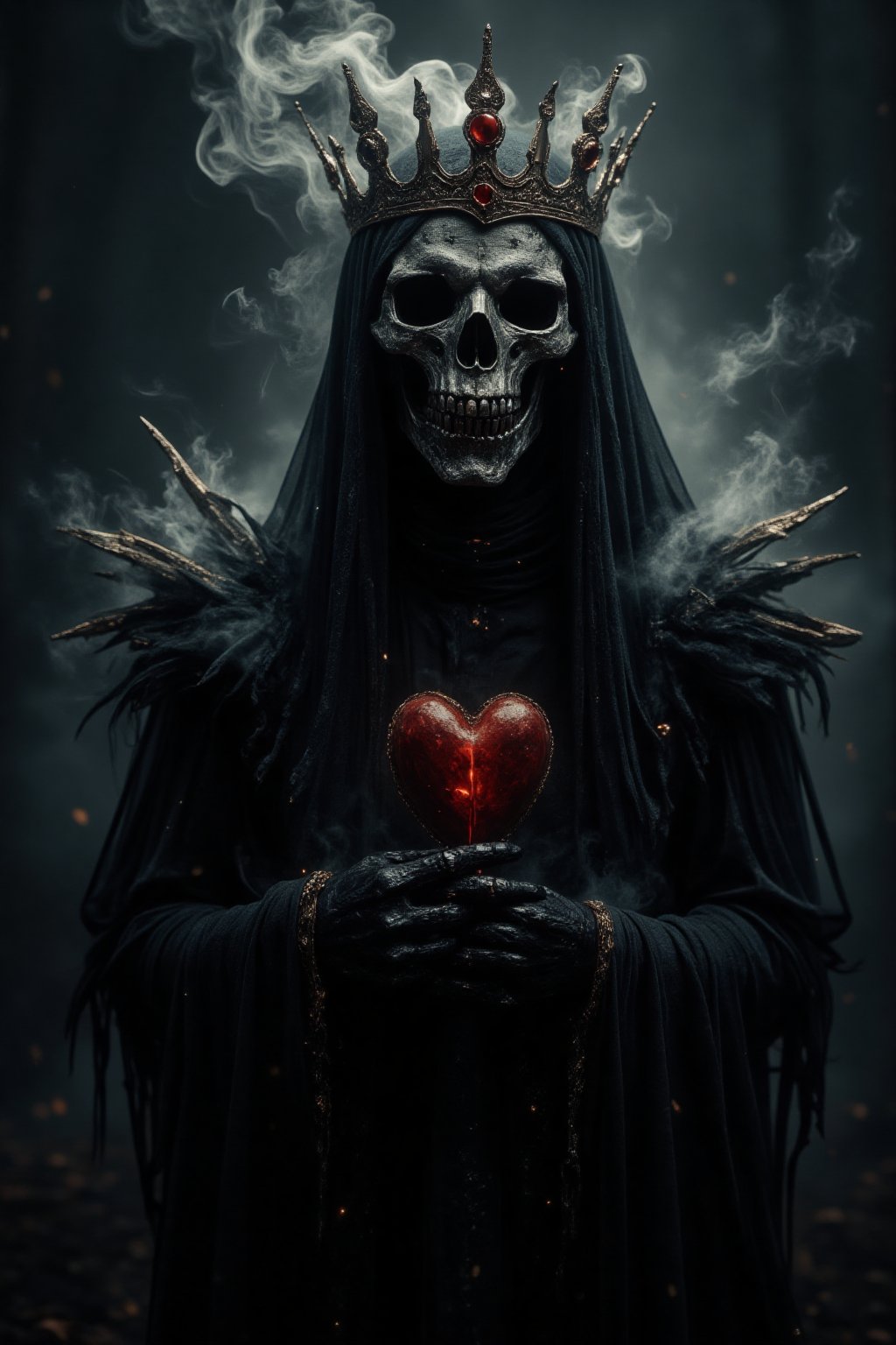  queen of hearts, dark shadows and mist are the background,professional film grain horror photography of a dark cursed,#HALLOWEEN_Stunning Scythe woman,AHaunted,smoke and gas spirit rising up