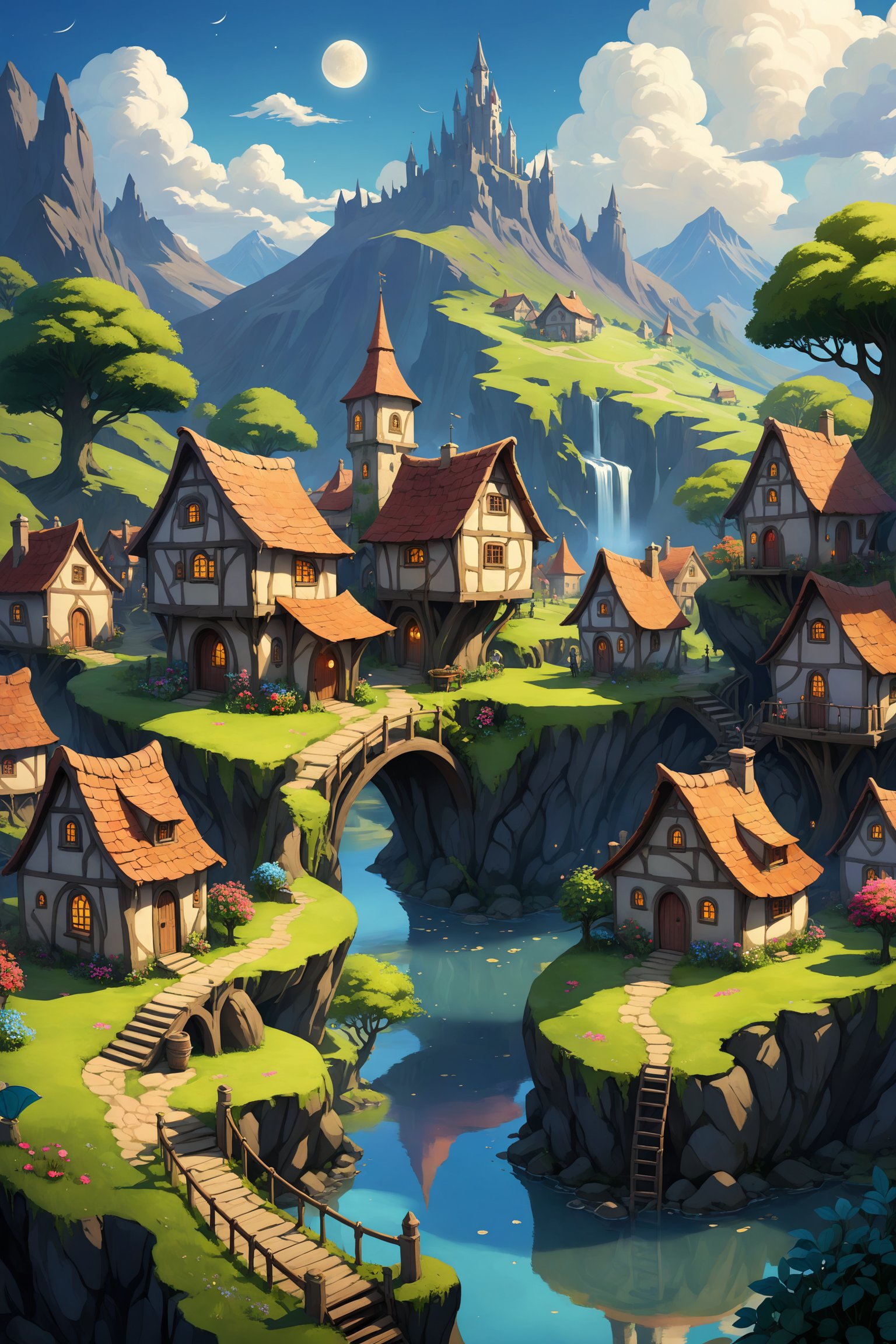 a magical fantastical village of serene beauty