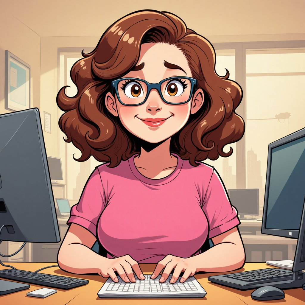 a characture of a fat twenty somethinf make,  shoulder lenght brown curliesh hair,  sitting behinf a compuer by Gypsy-Rose...
