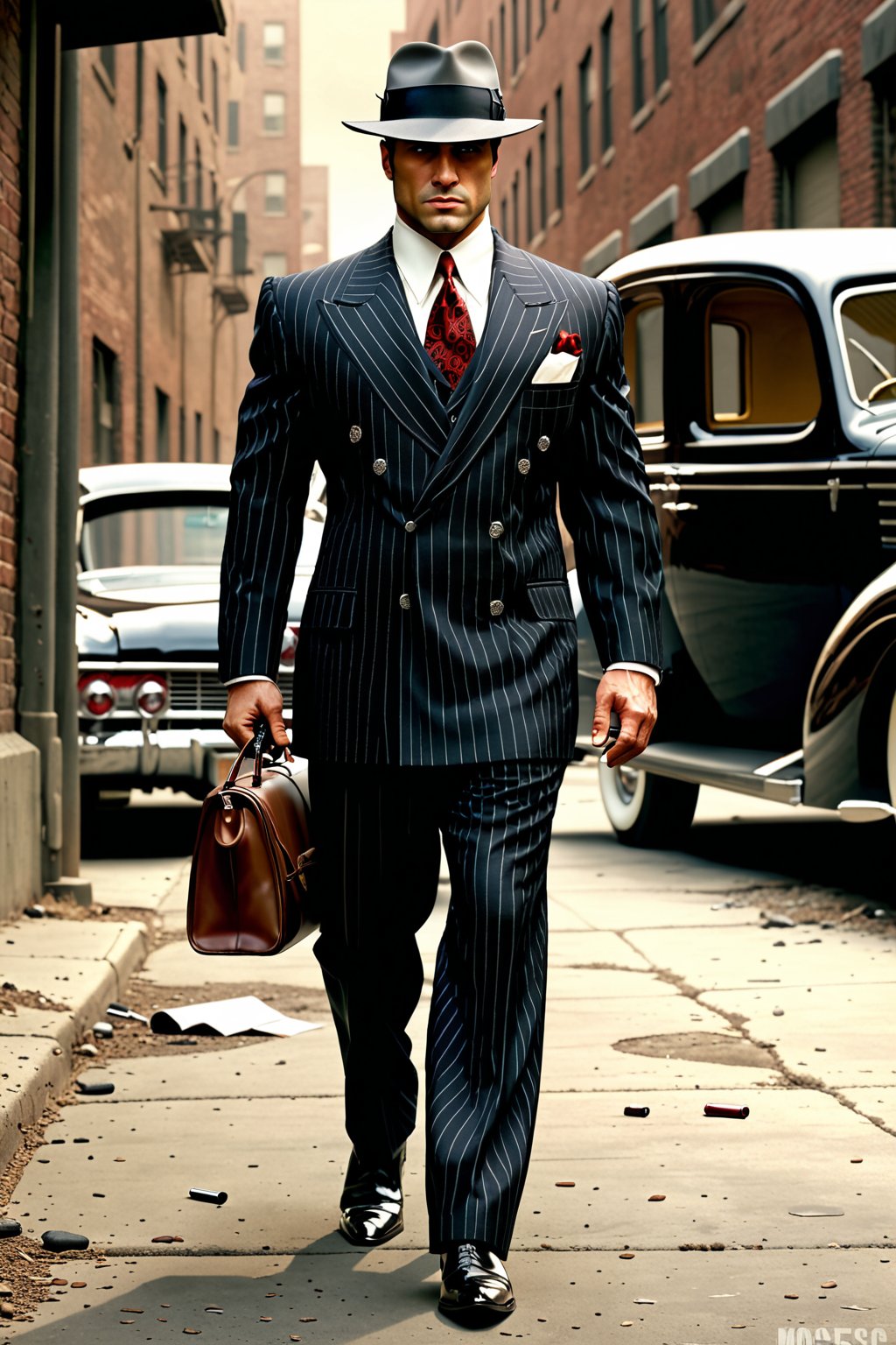 the scene is a mobster,  in his pin striped suit and hat . High quality,  high resoltion. by Gypsy-Rose NZ on Tensor.Art