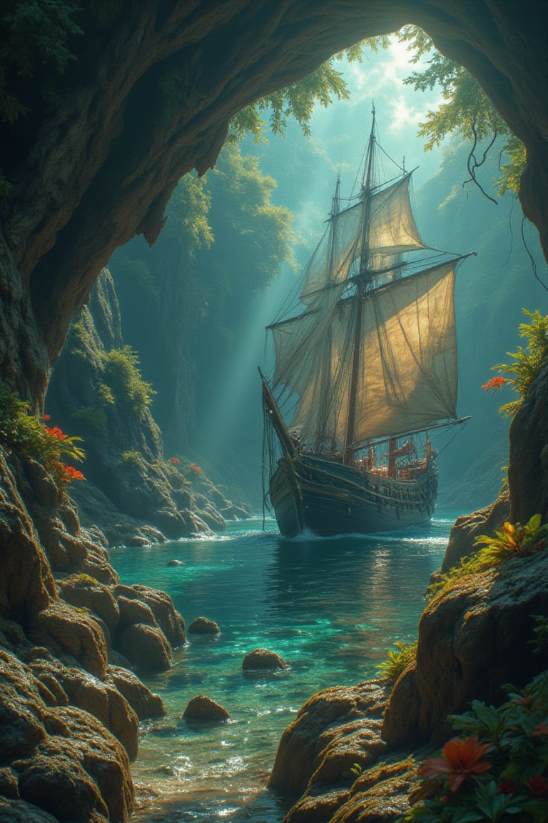 POV angle water, MAGICAL cute STORYBOOK tropical bay , shabby STYLE lovely sailing ship on the beach, view on the tropical bay , summer, semi underwater view.  Modifiers: highly detailed dof trending on cgsociety steampunk fantastic view ultra detailed 4K 3D whimsical Storybook beautifully lit etheral highly intricate stunning color depth disorderly outstanding cute illustration cuteaesthetic Boris Vallejo style shadow play The mood is Mysterious and Spellbinding, with a sense of otherworldliness  otherwordliness macro photography style LEONARDO DIFFUSION XL STYLE vintage-futuristic