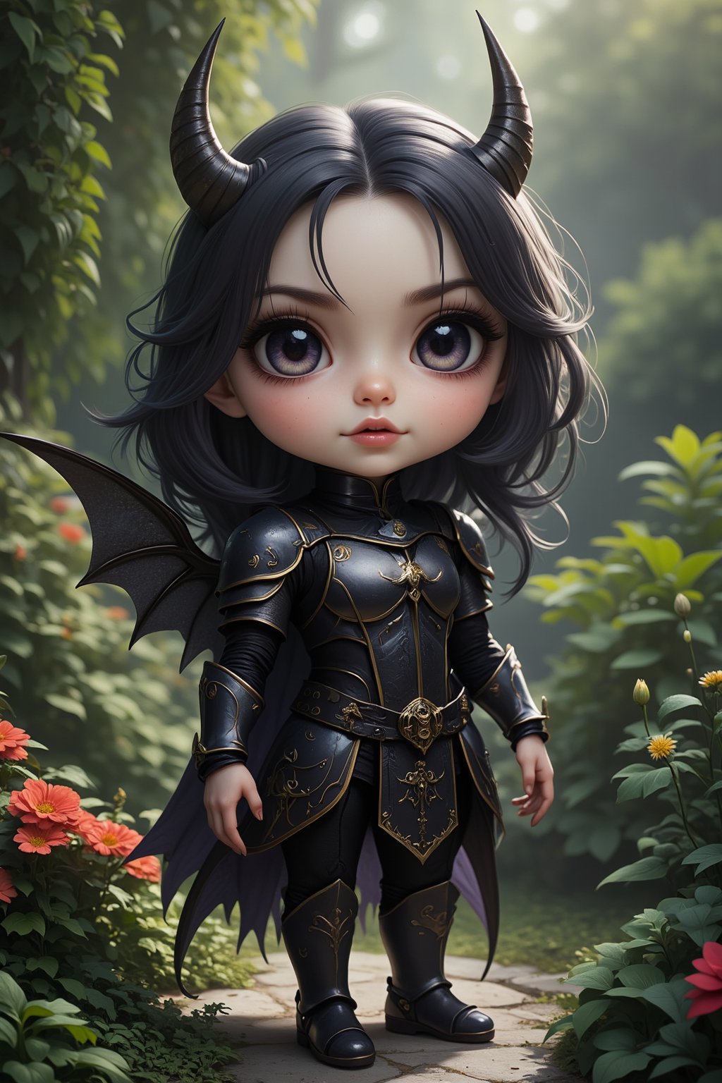 Masterpiece, best quality, stunning, extremely detailed CG unified 8k wallpaper, gothic, chibi version, standing on a haven garden, detailed background, 8k, 
,chibi, chibi version,Angelababy