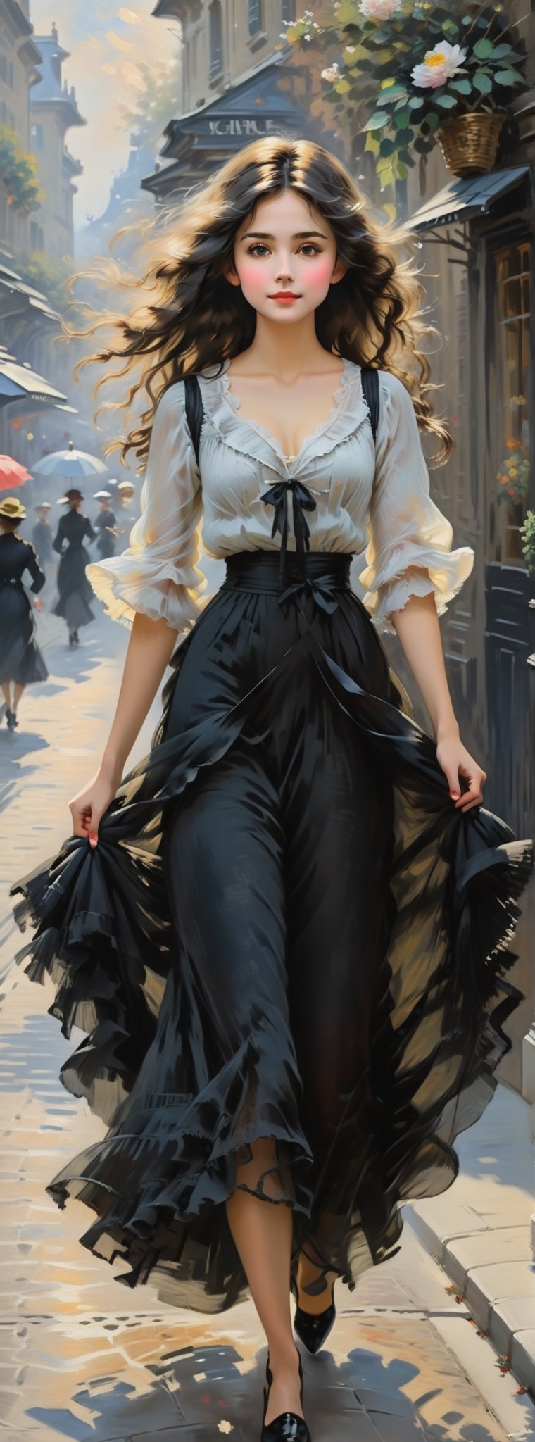 she is walking dpwn the street, beautiful, she is looking up, slight smile on her lips, her hair is long black,  high defintion, highly detailed, serene, claude monet art style