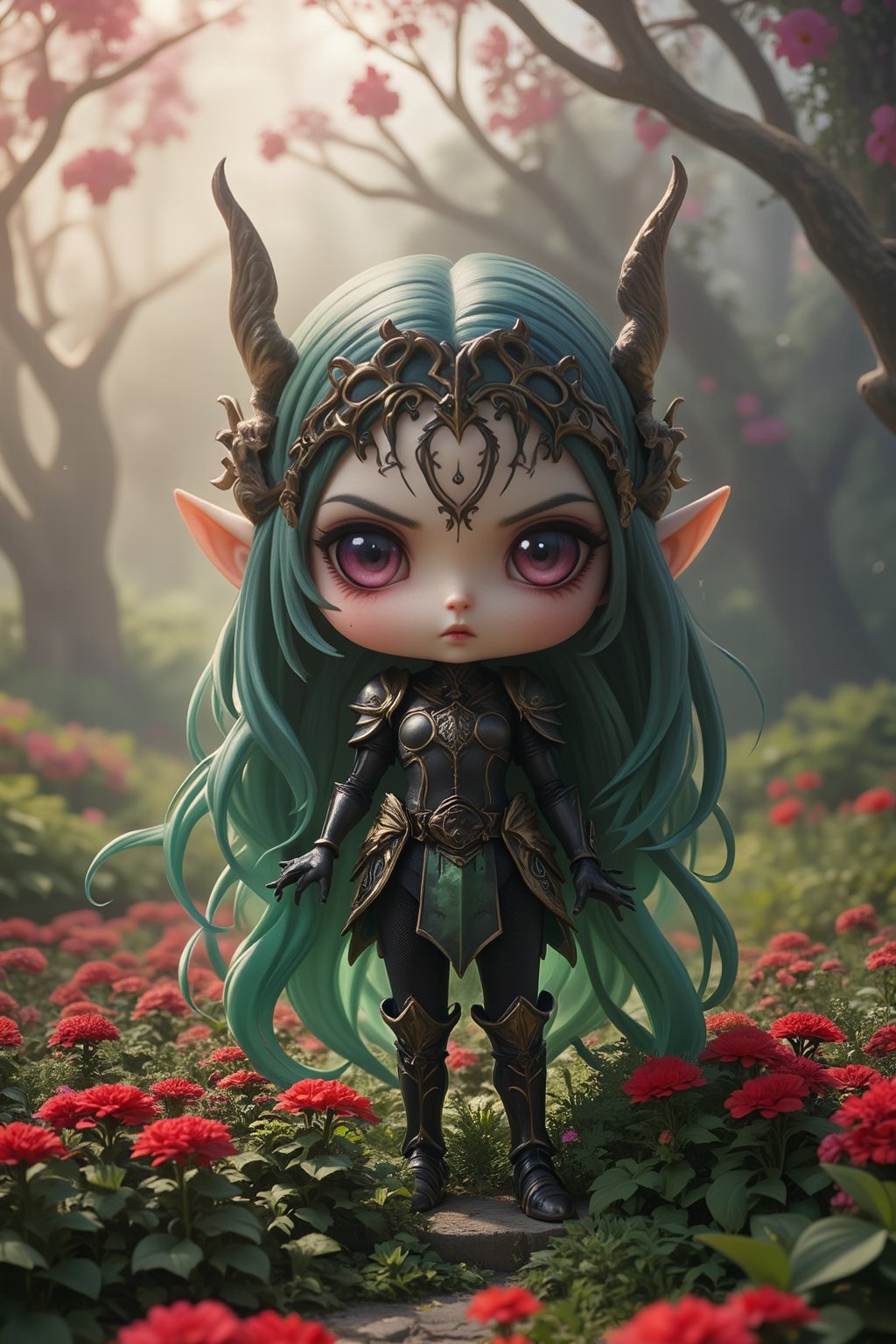 Masterpiece, best quality, stunning, extremely detailed CG unified 8k wallpaper, gothic, chibi version, standing on a haven garden, detailed background, 8k, 
,chibi, chibi version,Angelababy