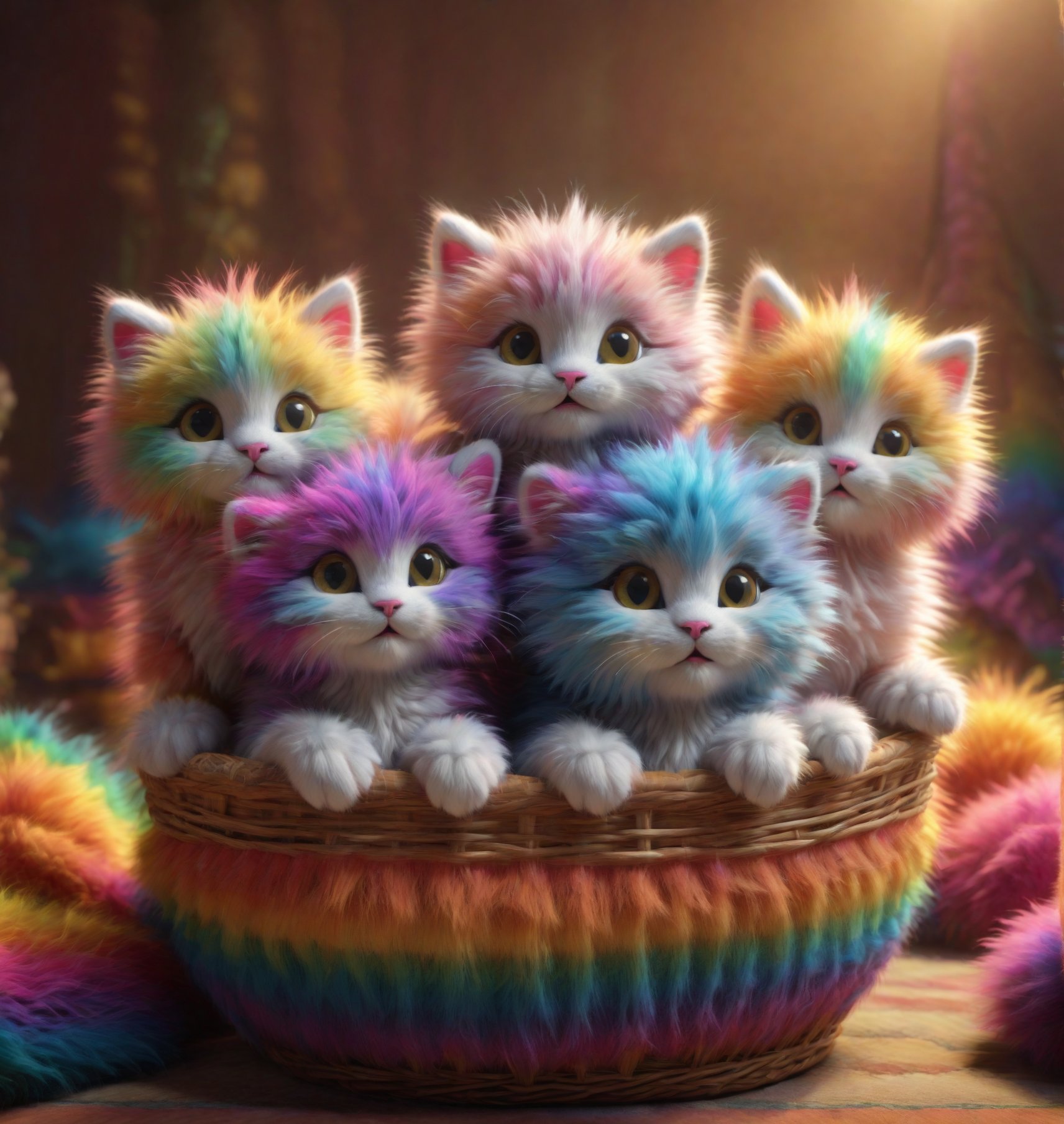 five kittens,  all fluffy and of different colours patterens,  stting inside a wicker cat basket that has a blanket inside...