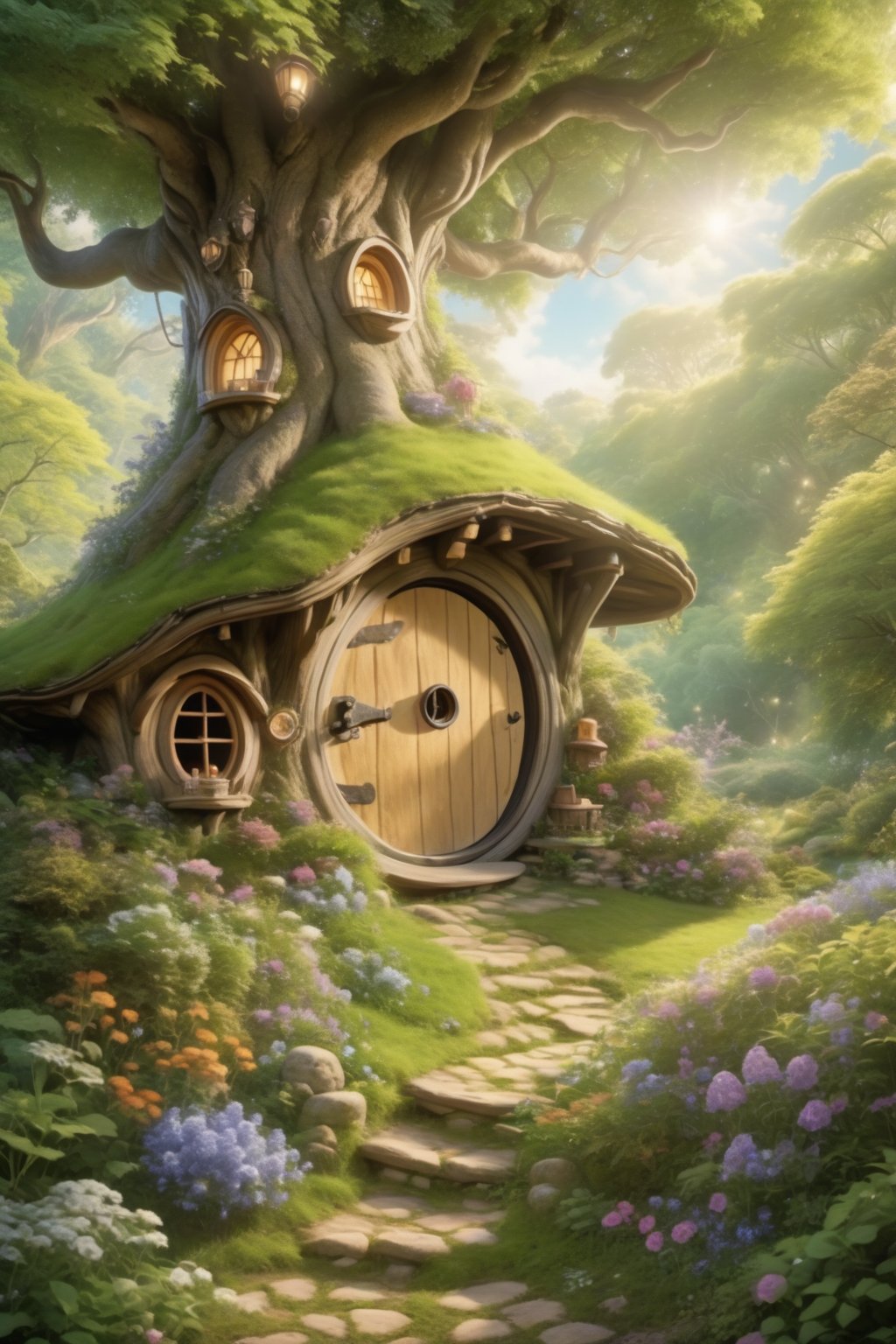 A whimsical scene unfolds as the camera captures the serene atmosphere of an enchanted forest. Amidst the lush green foliage and sunlit trees, a charming hobbit-style dwelling nestles cozily into the nook of a massive tree trunk. Smoke lazily billows from the chimney, carrying the scent of warmth and comfort. Steps lead up to the round door, inviting viewers to enter this mystical realm, 10 degree wide angle, movie still,