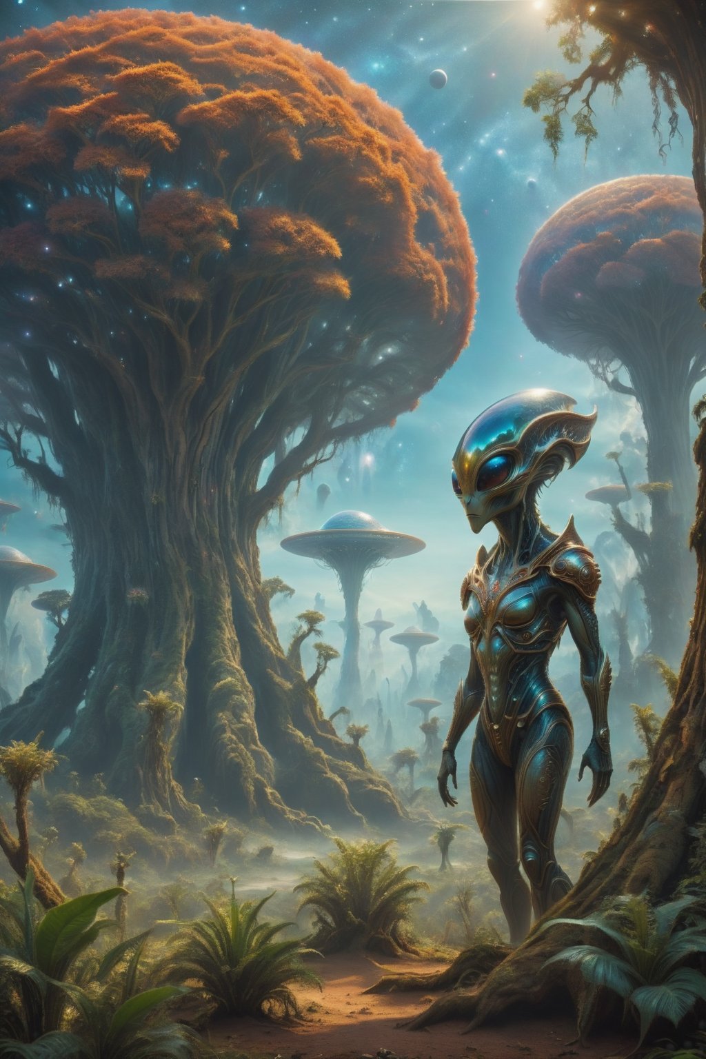 an alien planet with alien trees and plants,  stnading in middle of the fauna are the Alien King and Queen of the planet,...