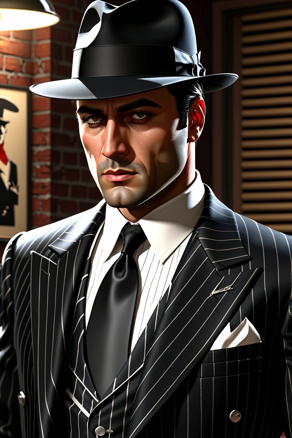 the scene is a mobster,  in his pin striped suit and black hat . High quality,  high resoltion. by Gypsy-Rose NZ on Tensor...