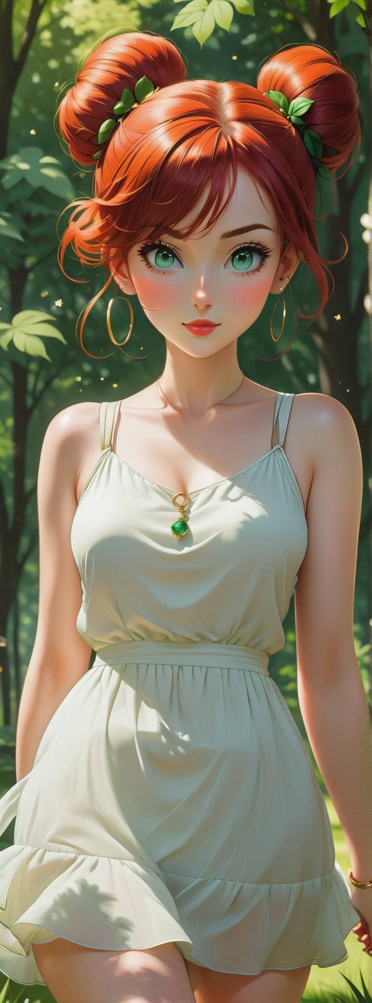 she is walking through a park that is surrounded by trees and gardens, she has a white singlet strap summer dress on, her red hair is in a bun on top of her head, her emerald green eyes sparkle in the sunshine, she has summer sandals on, sh 
 is beautiful, she is looking up, slight smile on her lips,   high defintion, highly detailed, serene, hayv kahraman style art