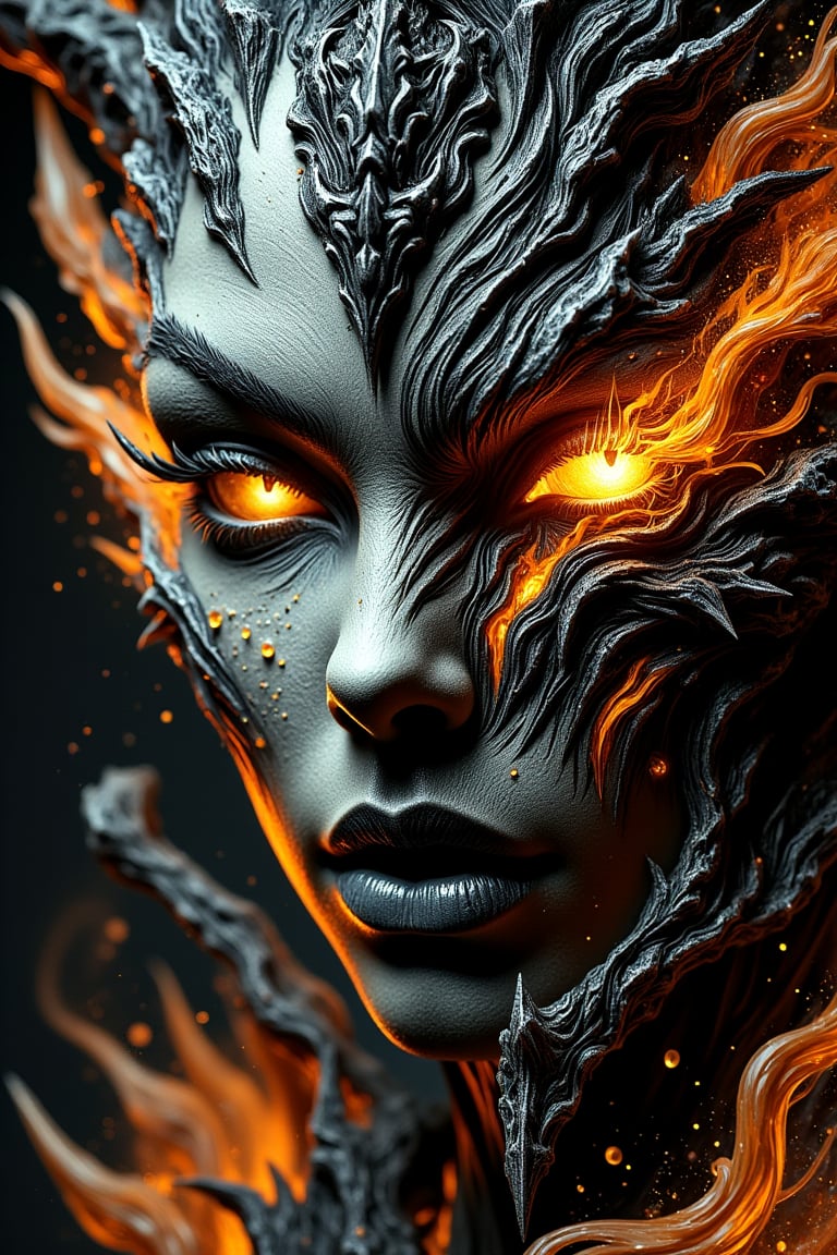 A striking, high-detail image of a half-demon, half-human figure. The right side of the face is human, with flawless, soft skin, delicate freckles, and glowing amber eyes that seem to burn with intensity. The other side is a demonic visage, with molten, fiery textures, sharp fangs, and glowing orange eyes that mirror the human side’s power. Fiery, molten streaks and intricate details flow from the demonic side of the face, blending into the human half seamlessly, creating a captivating contrast between beauty and terror. The image captures the essence of inner conflict and the fusion of two opposing natures—beauty and monstrosity