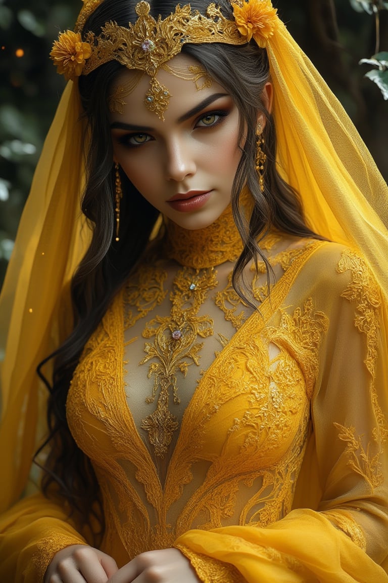 lavishly inked gothic maiden garbed in a  yellow gold gown painstaking lace captured on Agfa Vista 200 --style raw, zaya