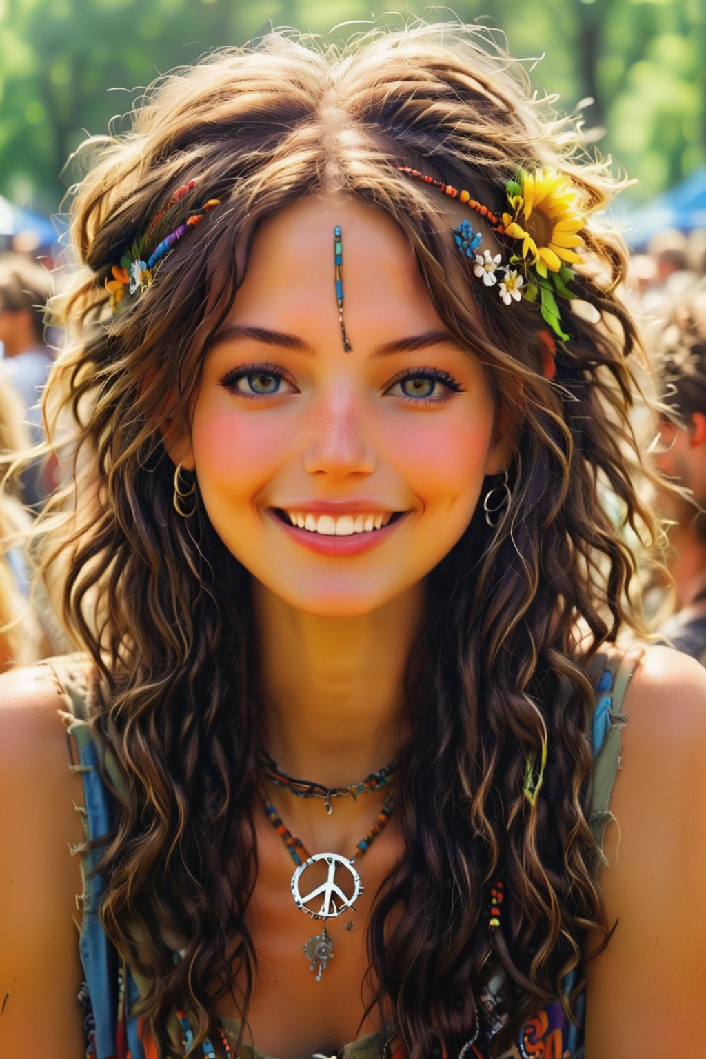 create a  peace  loving happy hippy chick at a concert in the park (extreme clsoe up)