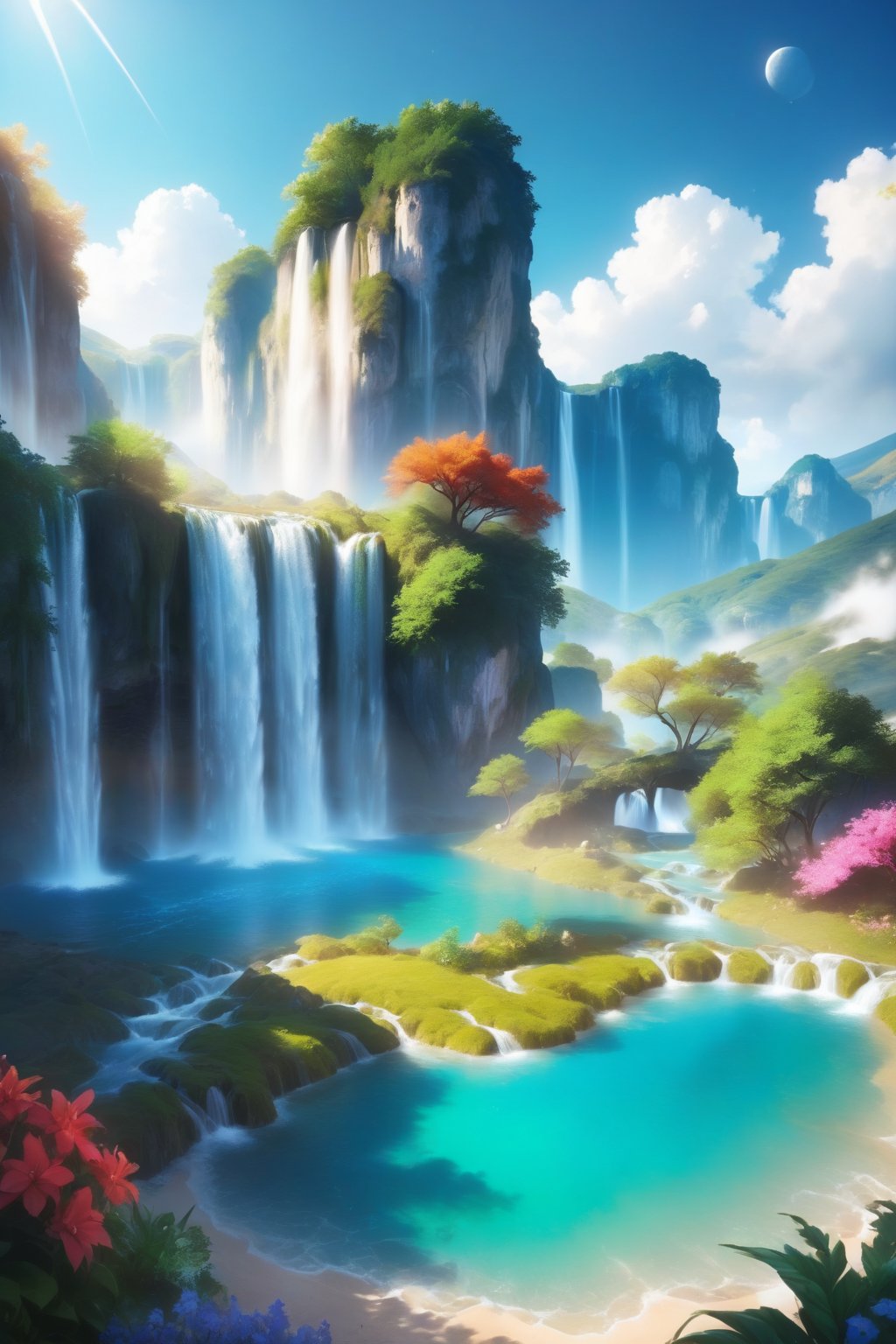 cretae me a magical fantasy landscape, with waterfalls