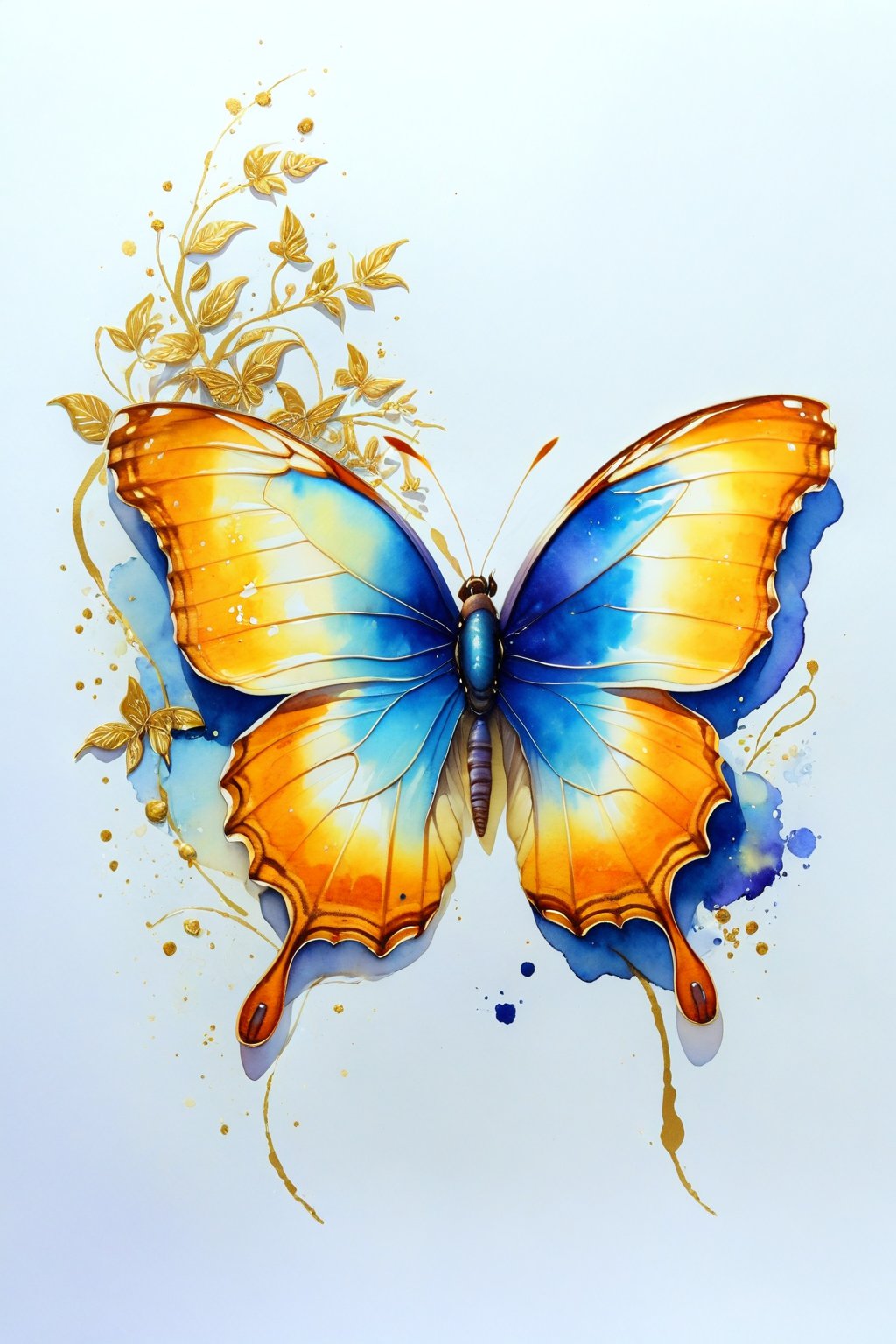 create a beuatiful watercolour butterfly with essences of gold on the edge of  its wings,watercolor \(medium\),fantasy_butterfly