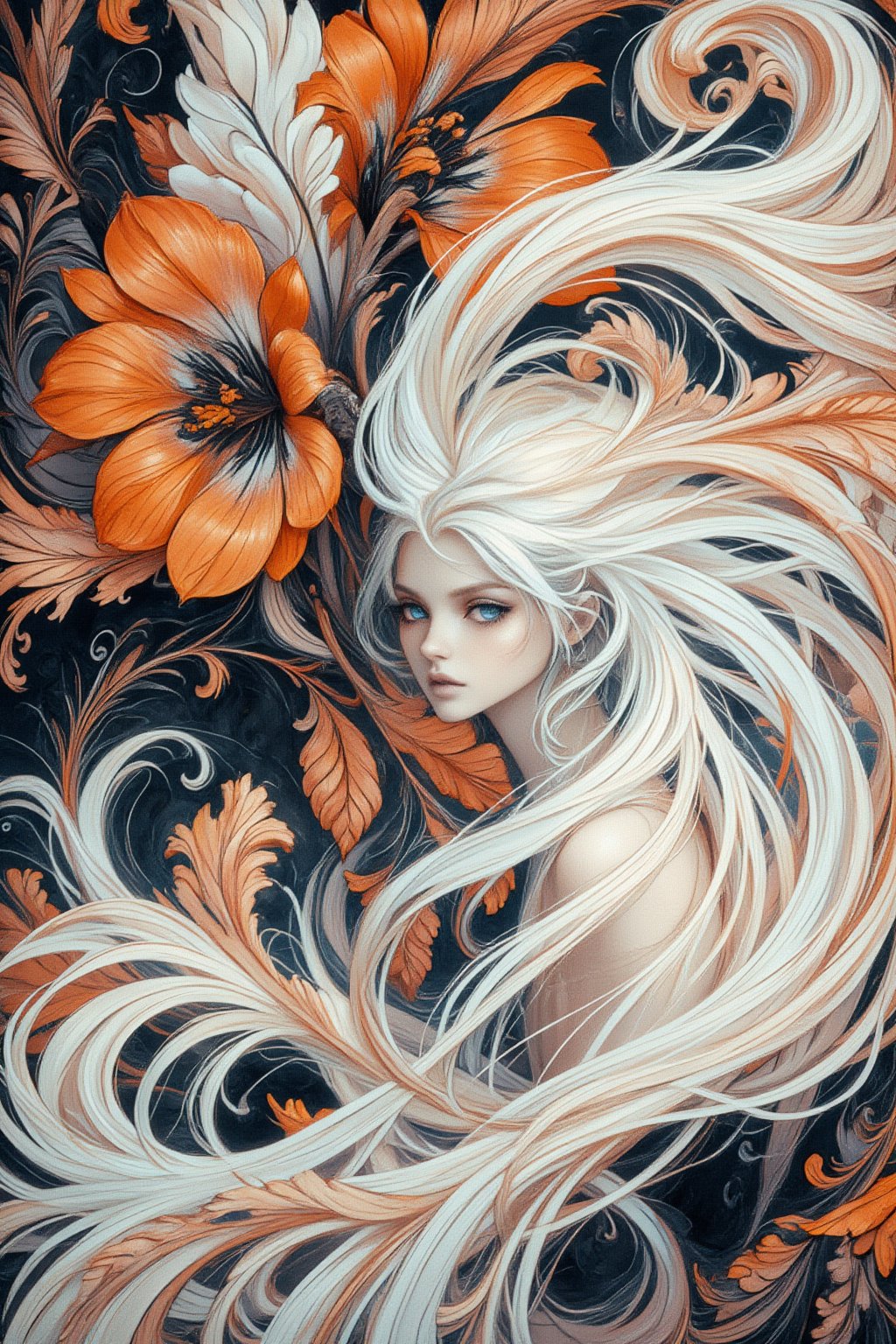 A (((full body shot))) of a (((stunning  albino woman))) whose white hair ((flows gracefully)), blending with the (((softly swirling petals))) of a (orange and black flower) that gently twirls around her form,  her eyes drawn with ultra-detailed long lashes, that captures the essence of natural beauty and elegance, close up 1.3. 