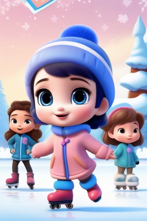 A group of friends decides to visit the outdoor ice-skating rink, all of them happy and having fun. Among them, a cute girl with sapphire-colored hair stands out. She glides gracefully in a cute pink winter jumpsuit, her joyful expression radiating as she skates happily away,Colors,disney pixar style,xuer shang dynasty,chibi