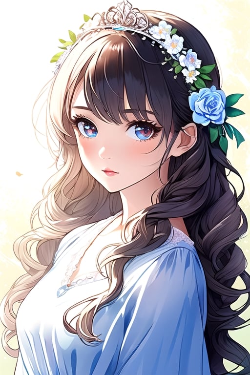 cute big eyes girl, long curly hair, wearing a flowergirl dress, flower tiara in her hair,light