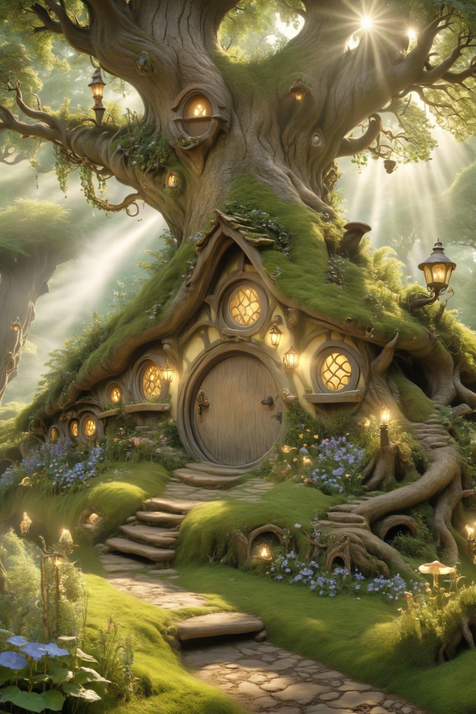 A whimsical scene unfolds as the camera captures the serene atmosphere of an enchanted forest. Amidst the lush green foliage and sunlit trees, a charming hobbit-style dwelling nestles cozily into the nook of a massive tree trunk. Smoke lazily billows from the chimney, carrying the scent of warmth and comfort. Steps lead up to the round door, inviting viewers to enter this mystical realm, whimscial, bugs, fairys, 10 degree wide angle, movie still,