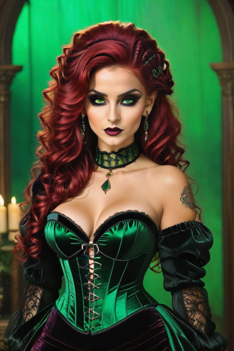 ((full body shot)), A mix of  gypsy and gothic, her hair is red, her eyes are a vivid green, she wears a corset and velvet  dress which is black, she is at a medievil gala