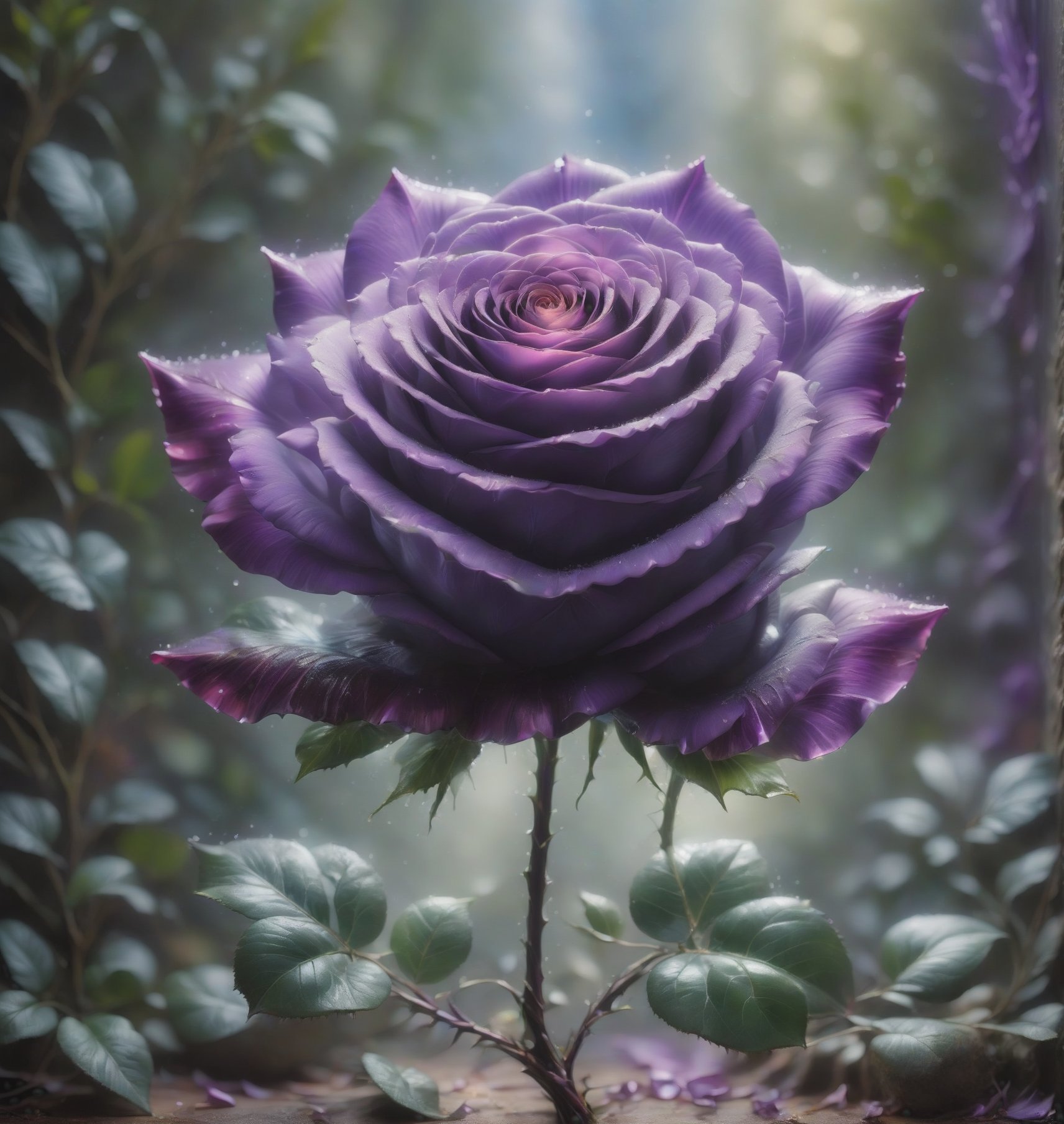 a simple purple rose with ltitle bits of greenery encaptured in glass