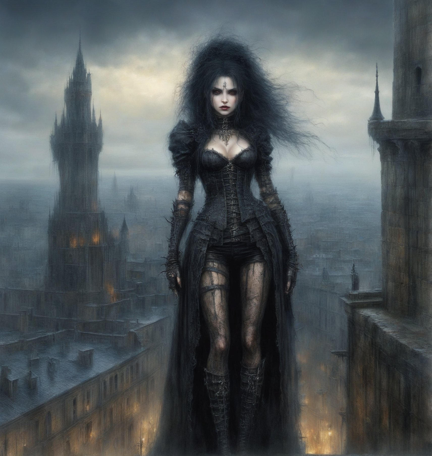 
A beautiful adventuress , gothic clotes standing on to of the tower overlooking a big city. Luis Royo, Grzegorz Rosiński, detailed background, dark fantasy, comic illustration, masterpiece, realistic,goth person,PIXAR,LegendDarkFantasy,BRUUT0LIZM,DonMDr4g0nXL